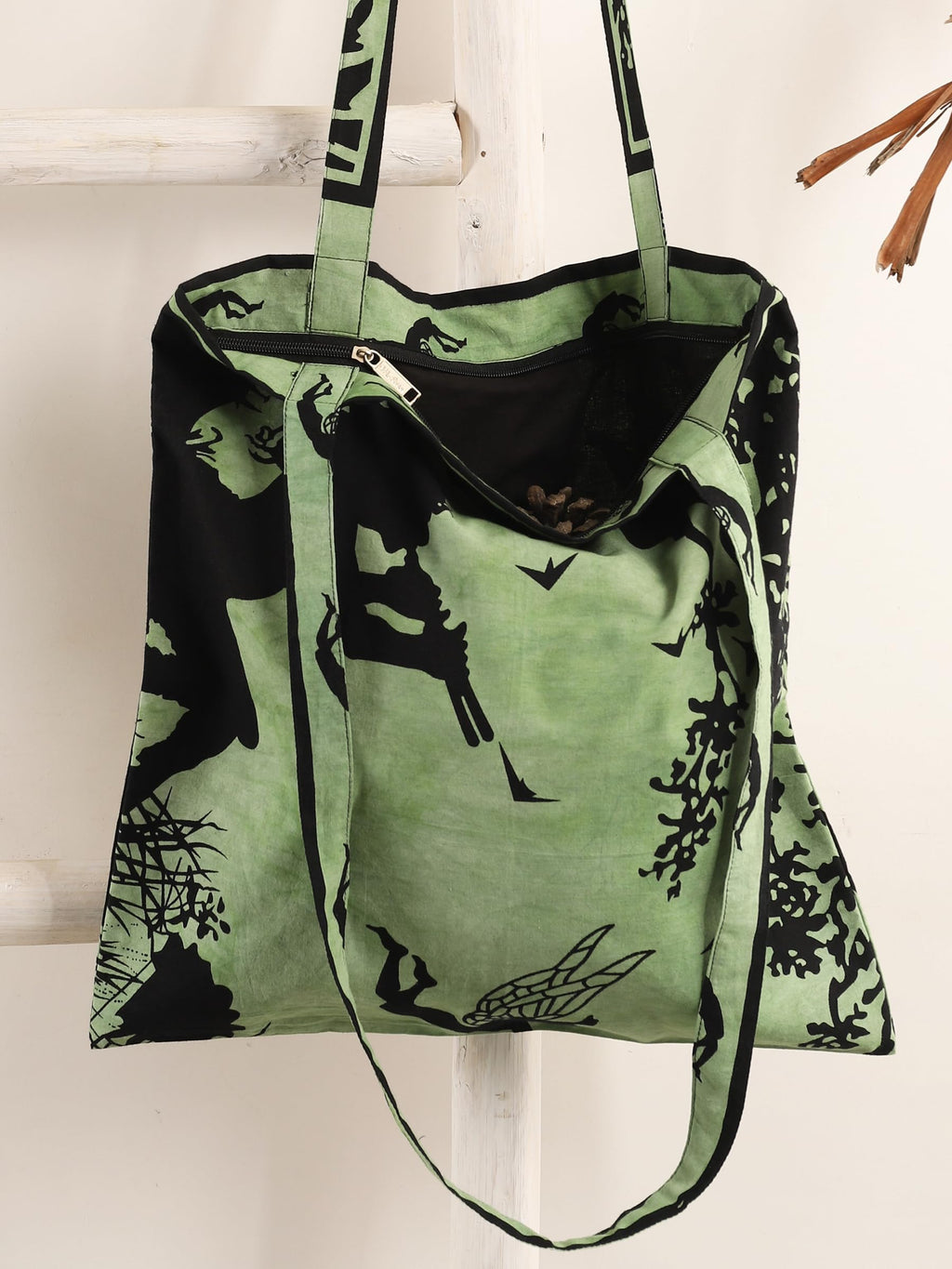 Ravaiyaa - Attitude is everything Cotton Shoulder Bag/Tote Bag For Women| Printed Multipurpose Handbag With Top Zip | Best For Shopping, Travel, Work, Beach, Office, College (Green Fairy Land)