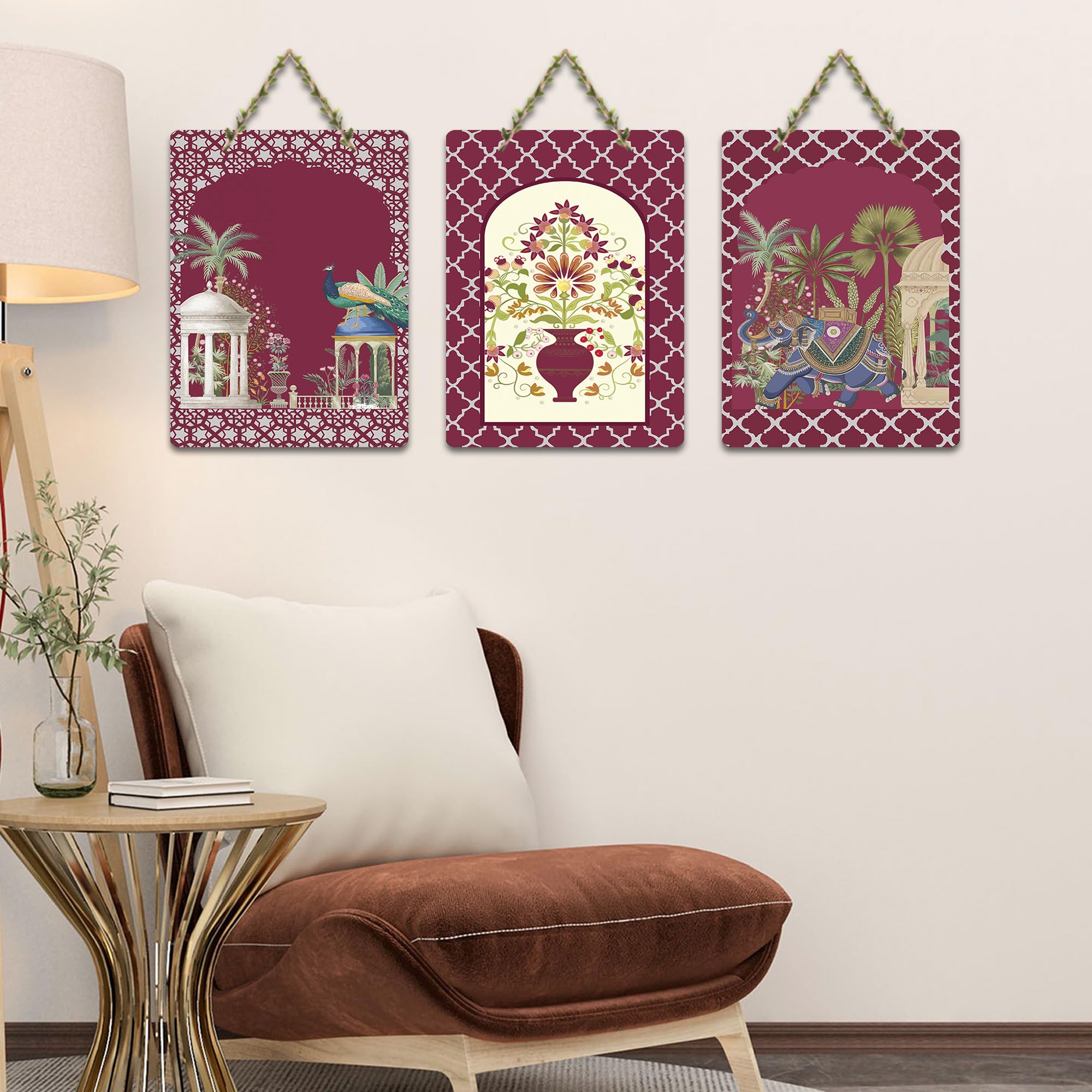 Artvibes Floral Arch And Palace Folk Art Decorative Wall Hanging Ornaments | Living Room | Office | Wall Art Painting For Hall | Graphic Artwork | Wall Art Print | Unique Gift (WH_9638N), Set of 3