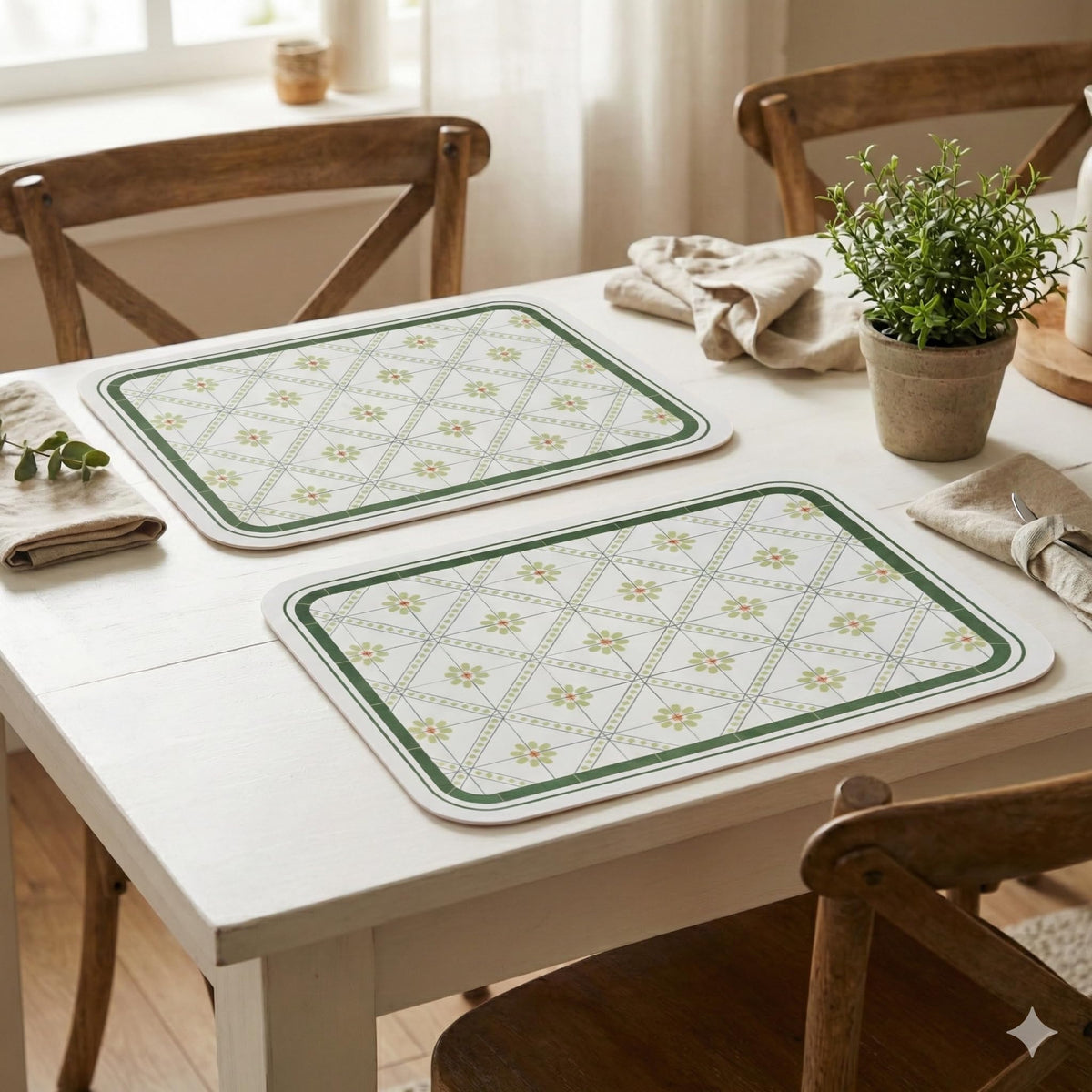 TheTableTales Vintage Green Lattice Floral Pattern Pack of 2 Table Mat | Premium Faux Leather Dining Placemat Set | Waterproof Heat Resistant Non-Slip Place Mats | Kitchen Dining Table Home Restaurant Kafalo