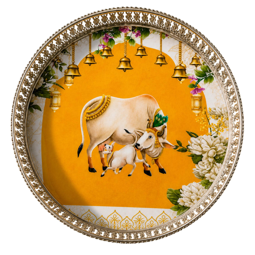 Handcrafted German Silver Pichwai Cow Design Tray 10 Inch | Round Pooja Thali | Decorative Serving Tray for Dry Fruits, Home Decor & Festive Gifting