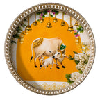 Handcrafted German Silver Pichwai Cow Design Tray 10 Inch | Round Pooja Thali | Decorative Serving Tray for Dry Fruits, Home Decor & Festive Gifting