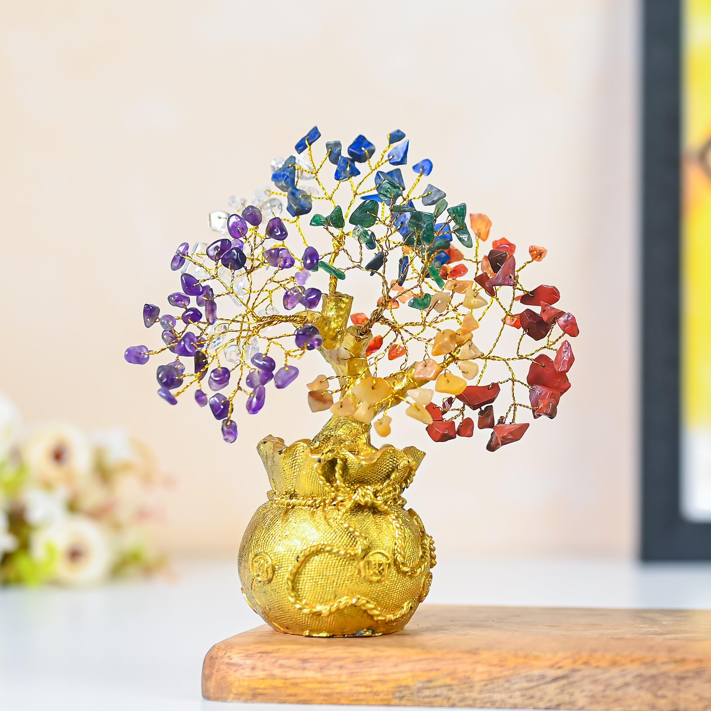 Crocon 7 Chakra Crystal Bonsai Tree with Golden Money Bag Base – Healing Gemstone Tree for Wealth, Prosperity & Positive Energy – Feng Shui Good Luck Home Decor & Rakhi Gift (7x3 Inch)