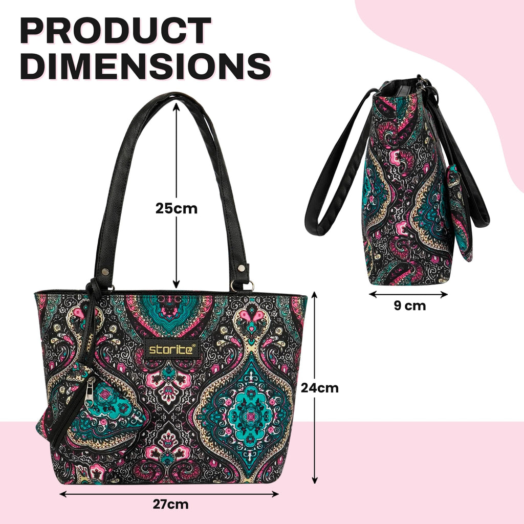 Storite Women's Tote Bag With Leather Handles & Embroidery Printed Handbag With Zip Pockets, Shoulder Tote Bag And Handbag For Office And College (25x24x9Cm)