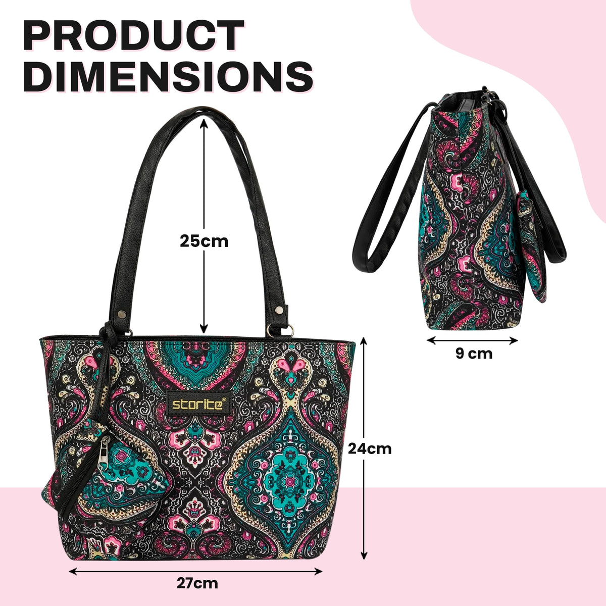 Storite Women's Tote Bag With Leather Handles & Embroidery Printed Handbag With Zip Pockets, Shoulder Tote Bag And Handbag For Office And College (25x24x9Cm)