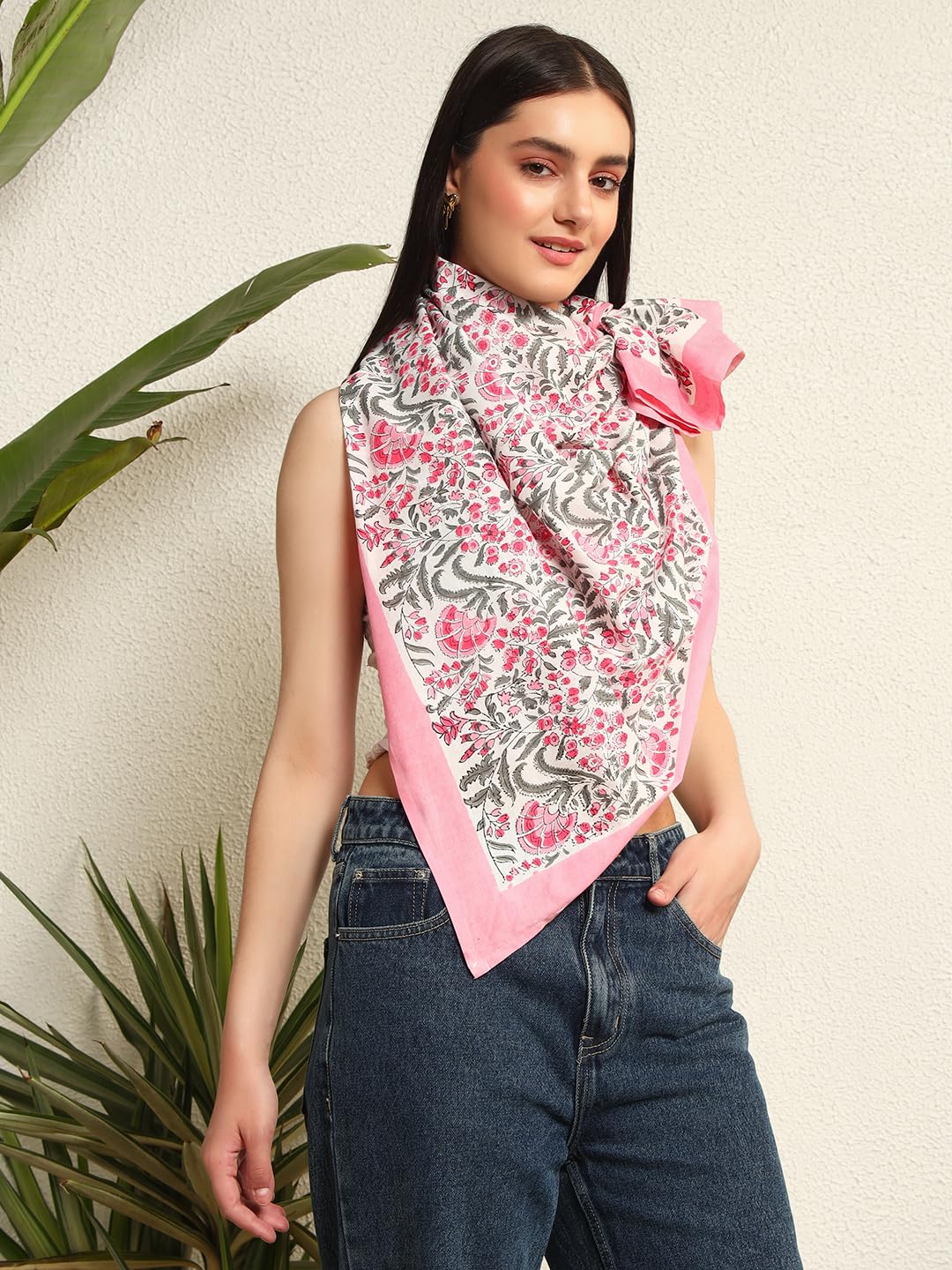 Ravaiyaa - Attitude is everything Sanganer Hand Block Printed Scarves Pure Cotton Scarf Square Hijab Dupatta 40 X 40 Inch (Pink Multi Floral)