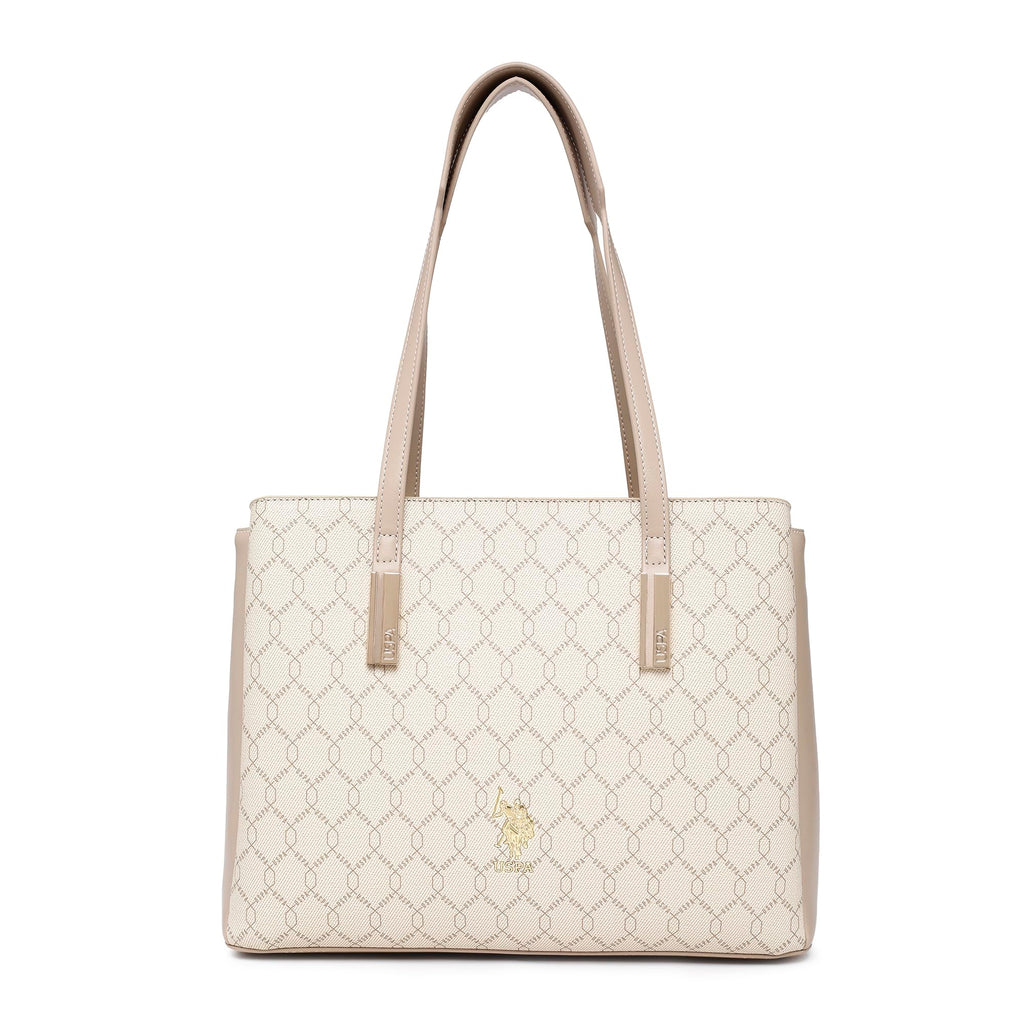 Cia Beige Tote Handbag With Monogram Detail Fits Upto 15 Laptop