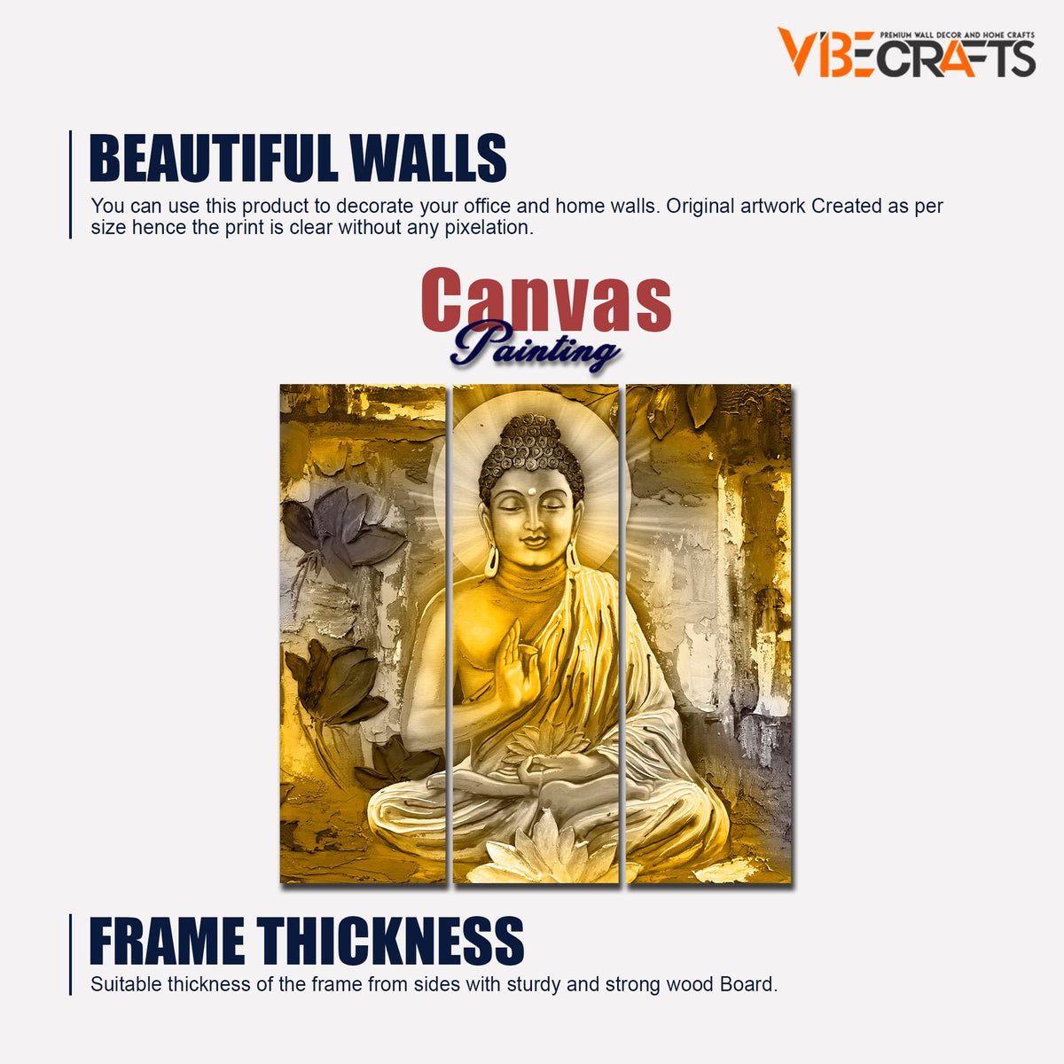 VIBECRAFTS 3 Pieces Meditating Buddha Canvas Wall Painting Fitted With Wooden Frame For Home | Office | Living Room | Gifts (PTVC3Pcs1_9597)