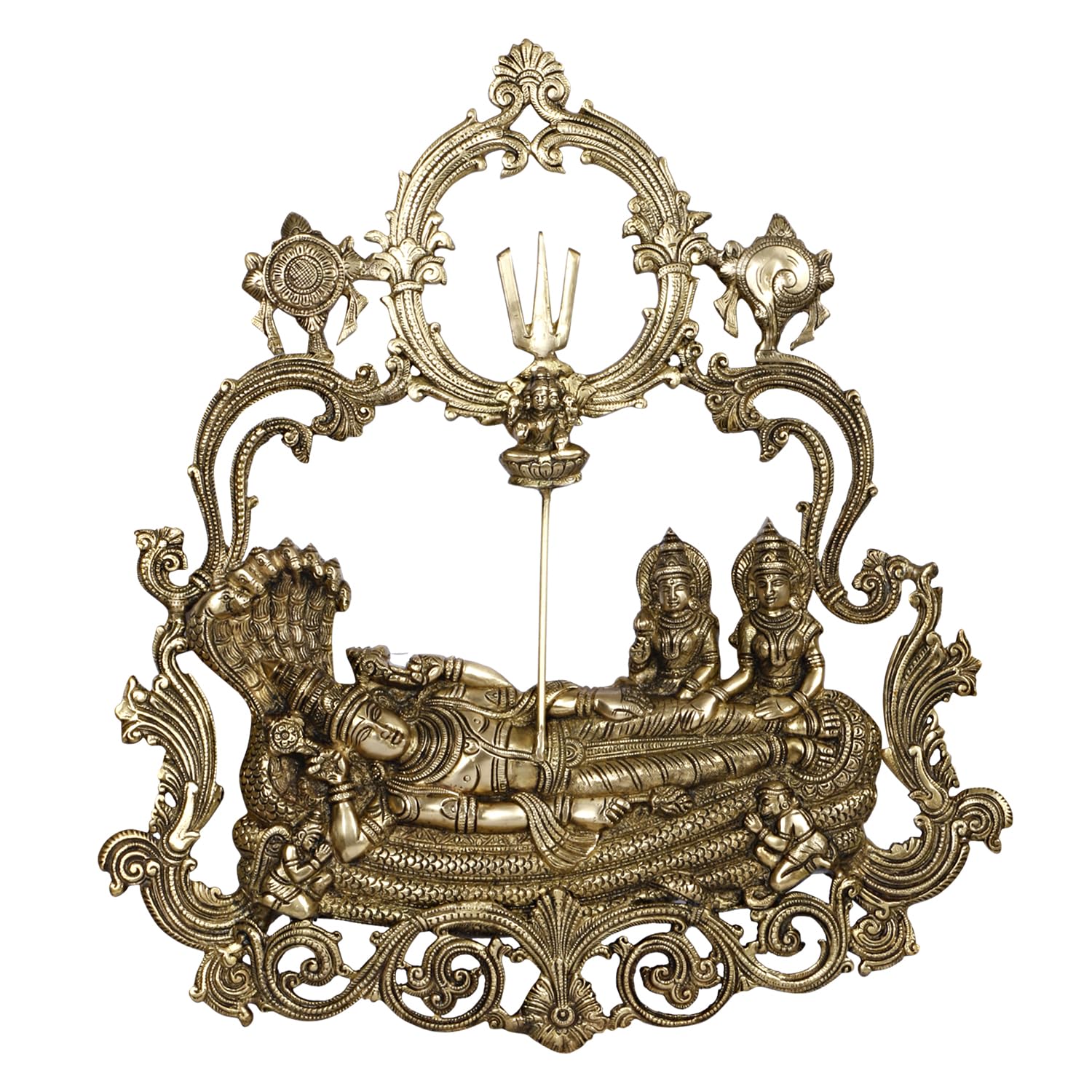 ARTVARKO Big Brass Rare Vishnu Laxmi Sitting on Sheshnaag Wall Hanging Brahma from Navel Murti Lord Bhagwan Narayan Lakshmi Statue 60 cm