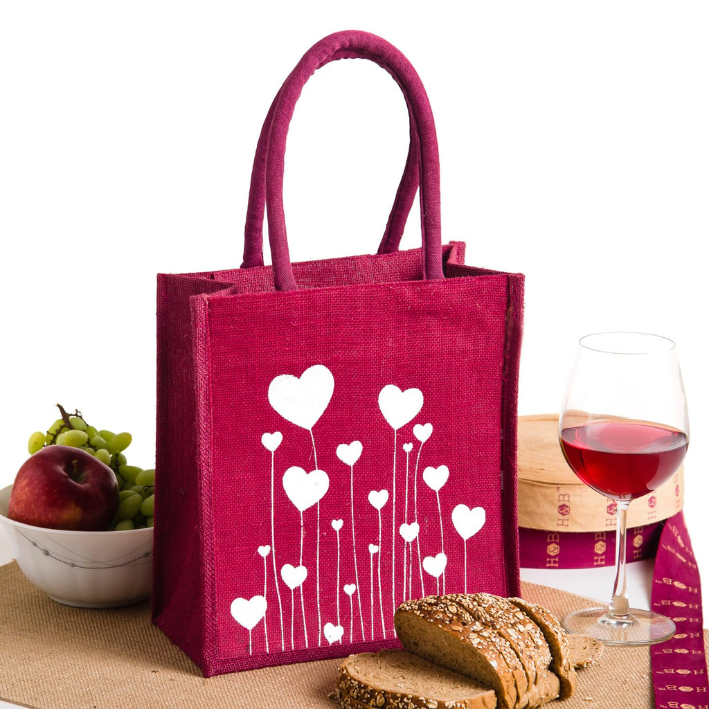 H&B Eco-Friendly Jute Bag for Women & Girls – Maroon Tote with White Heart Print | Reusable, Lightweight, Stylish Shopping & Gifting Bag Size:11x10x6 in