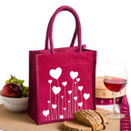 H&B Eco-Friendly Jute Bag for Women & Girls – Maroon Tote with White Heart Print | Reusable, Lightweight, Stylish Shopping & Gifting Bag Size:11x10x6 in