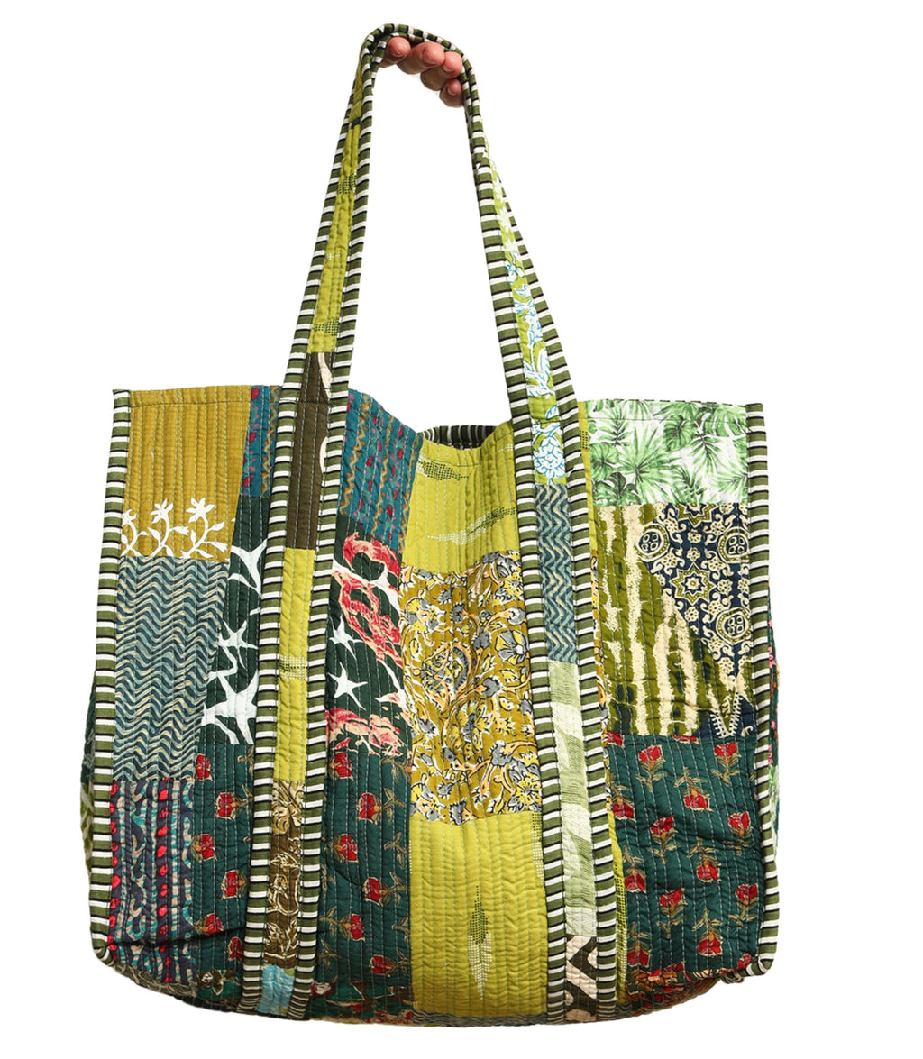 Ravaiyaa - Attitude is everything Patchwork Quilted Tote Bag Women Reversible Shoulder Bag Cotton Carry Bag Multipurpose Tote Bags (Green)