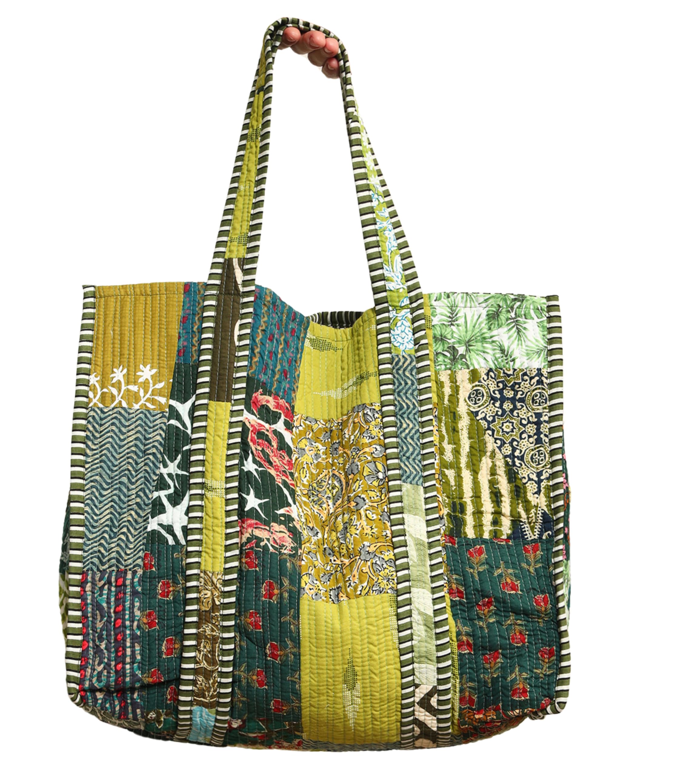 Ravaiyaa - Attitude is everything Patchwork Quilted Tote Bag Women Reversible Shoulder Bag Cotton Carry Bag Multipurpose Tote Bags (Green)