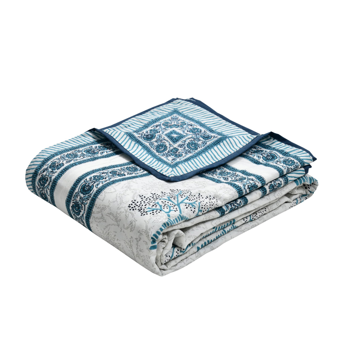 BLOCKS OF INDIA 100% Cotton Dohar King Size Reversible Hand Block Printed Malmal Summer Dohar/Blanket (Blue Tree)-300 TC Kafalo
