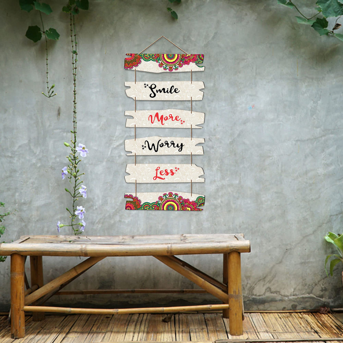 Artvibes Smile More Worry Less Wall Hanging Wooden Art | Quotes Decor Item | Wall Illustrations | Office Wall Decoration Items | Wall Art Print | Inspirational quotes | Gift Items (WH_3237NN)