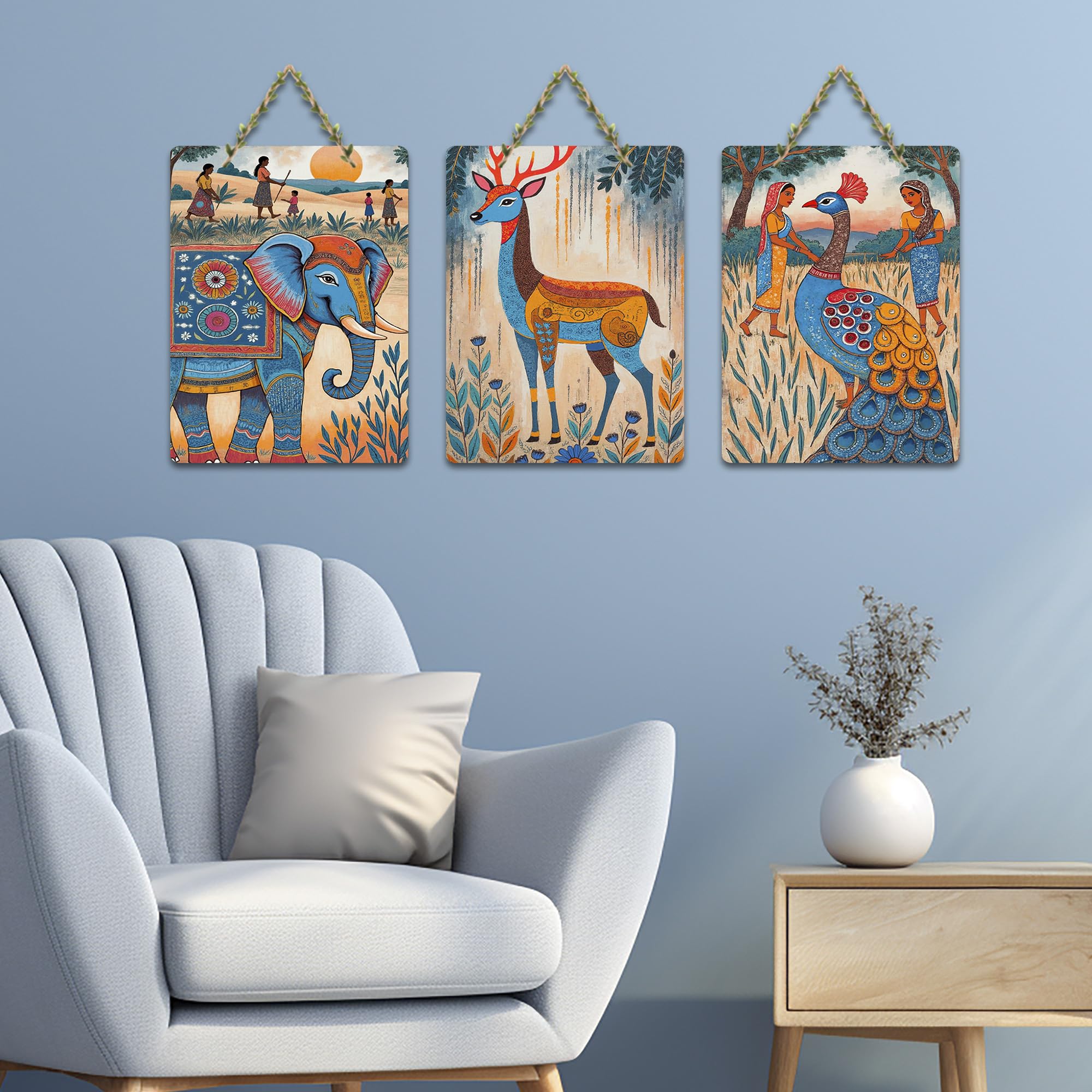 Artvibes Nature Theme for Decoration Wooden Art Decoration Item for Living Room | Room Wall Art | Modern Decor Artwork | Living Room | Cafe | Wall Illustrations | Gift Items (WH_96102N), Set of 3