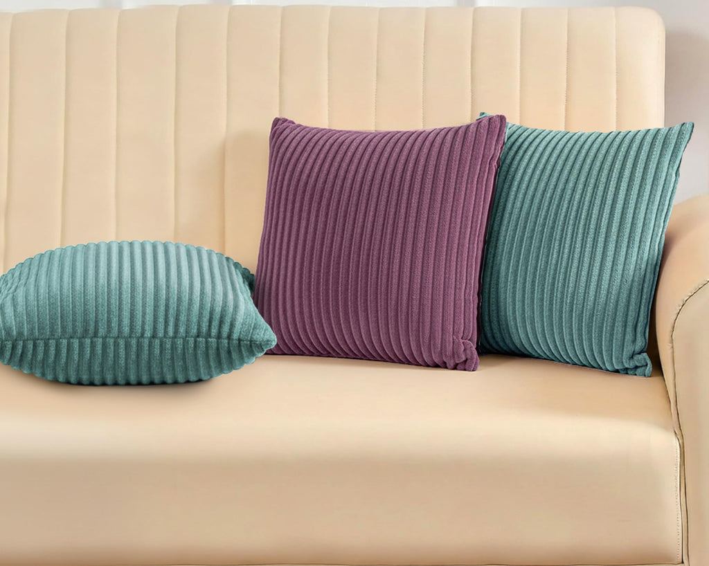 Yellow Weaves Pencil-Stripe Fur Cushion Covers | Soft Polyester | Decorative Sofa & Throw Pillow Covers | 16x16 Inches, Pack of 3 (Purple & Sea Green)