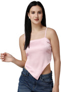 Popwings Women Casual Pink Satin Scarf Knot Solid Crop Top
