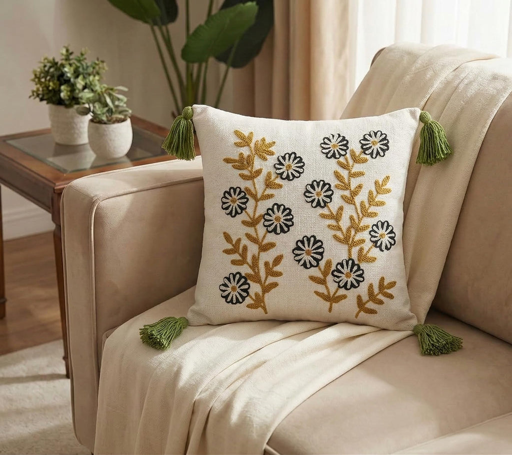 Furnistitchs Handmade Tufted Boho Cushion Covers 12x12 Inches | Embroidered Sofa Pillow Cases | Rustic Bohemian Decorative Throw Cushions for Couch Bedroom Living Room (5, Navy Aster)