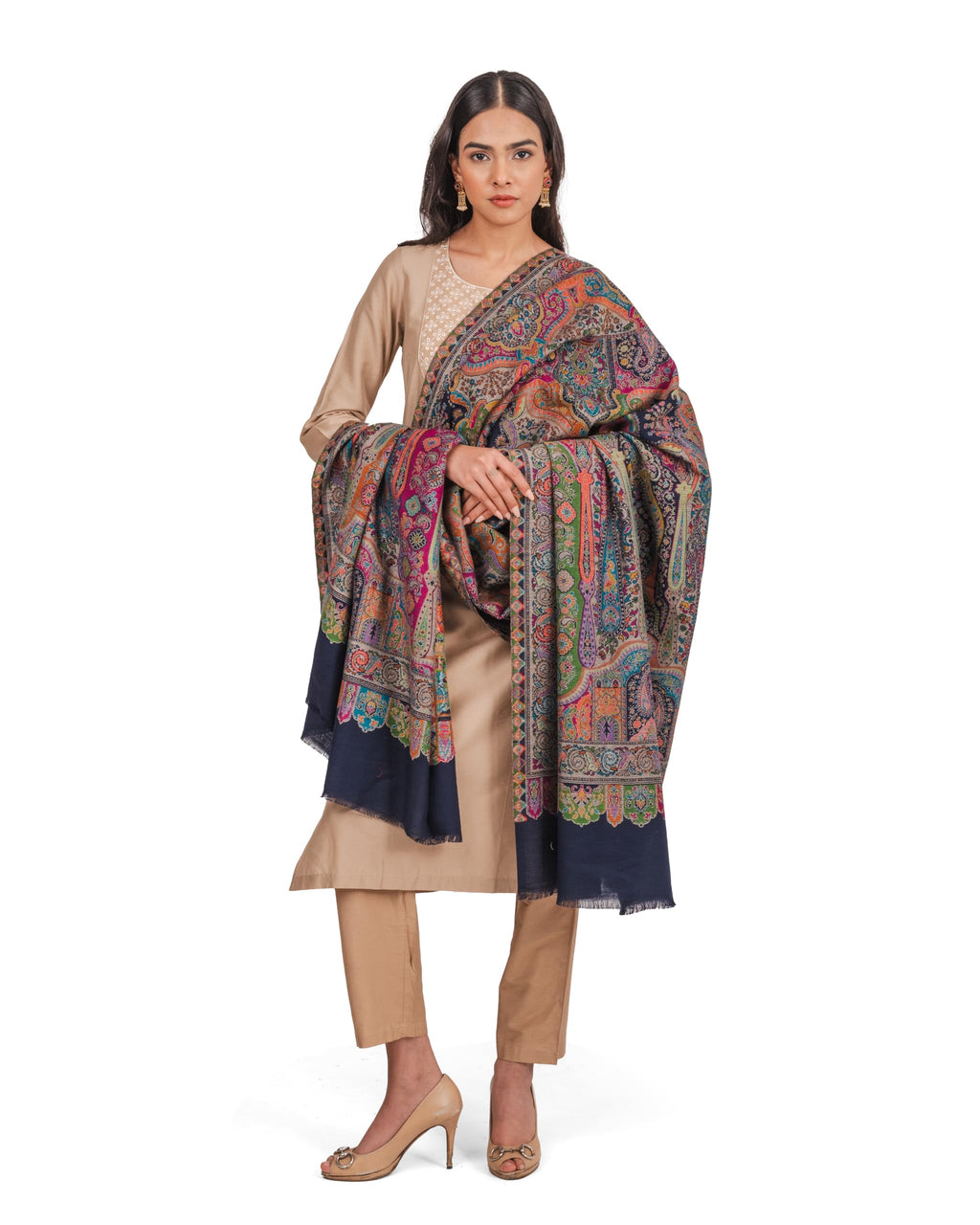 Naureen Women Pashmina Blend Kani Shawl with Paisley and Floral Artwork, Warm and Soft, 40x80 inches (Navy)