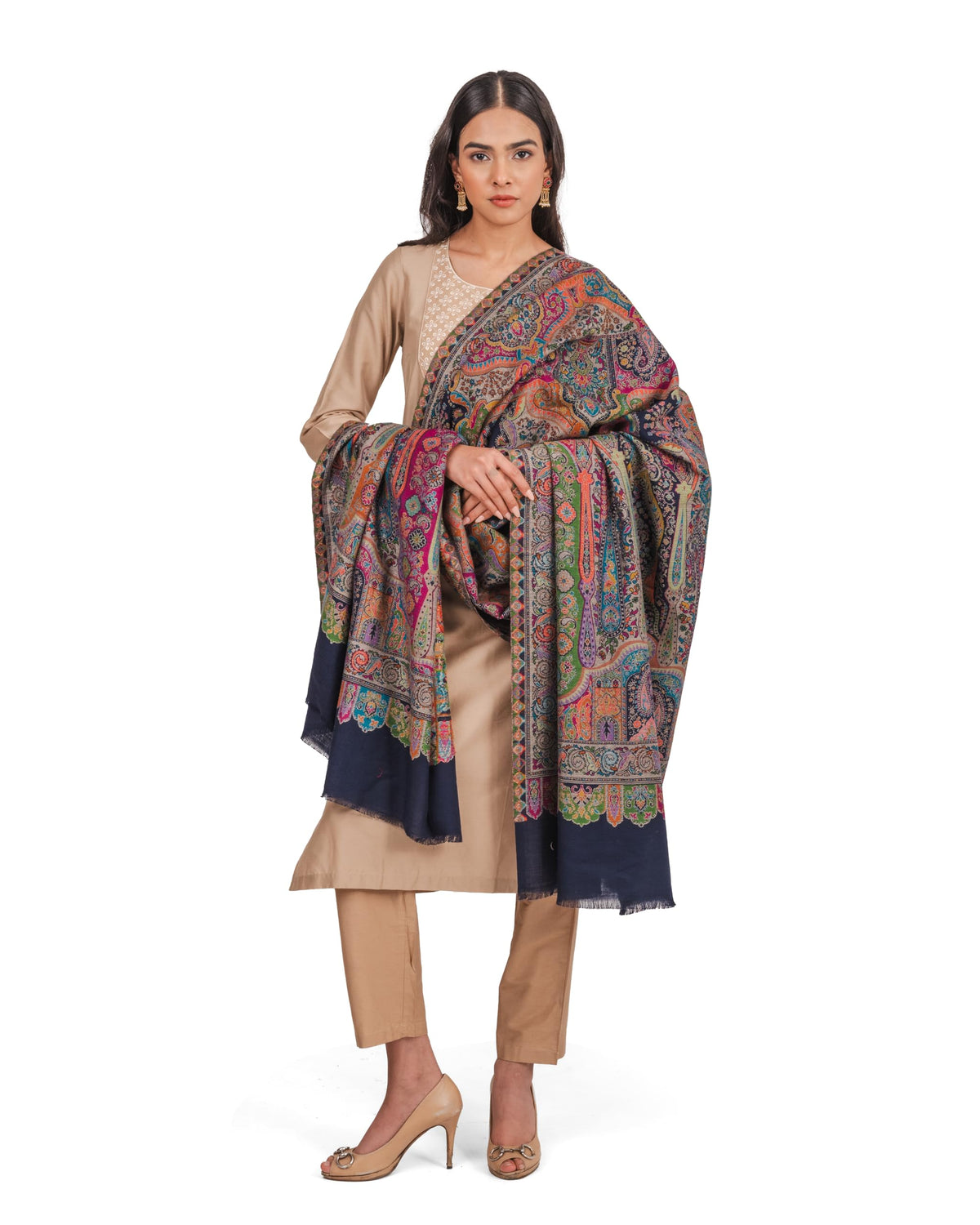 Naureen Women Pashmina Blend Kani Shawl with Paisley and Floral Artwork, Warm and Soft, 40x80 inches (Navy)