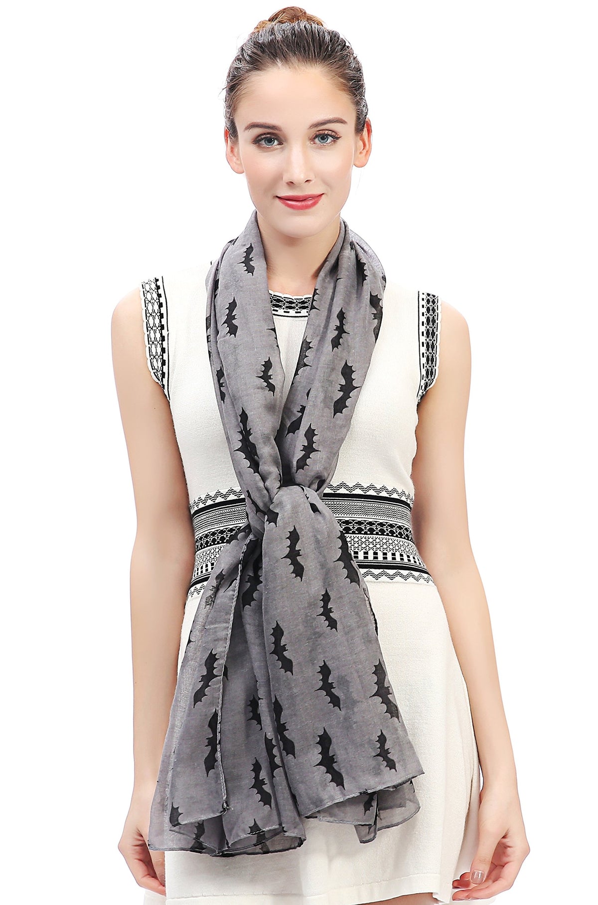Lina & Lily Halloween Bats Print Women's Large Scarf Shawl Wrap Oversized Lightweight (Grey)