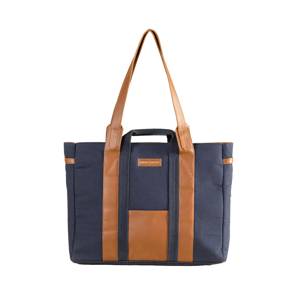 Urban Space Women Tote Bag | Canvas Handbag with Zip closure | Tote Bag for Office | Handcrafted Ladies Shoulder Purse for Office | Laptop bag | Padded Laptop space For Upto 16 - Navy blue
