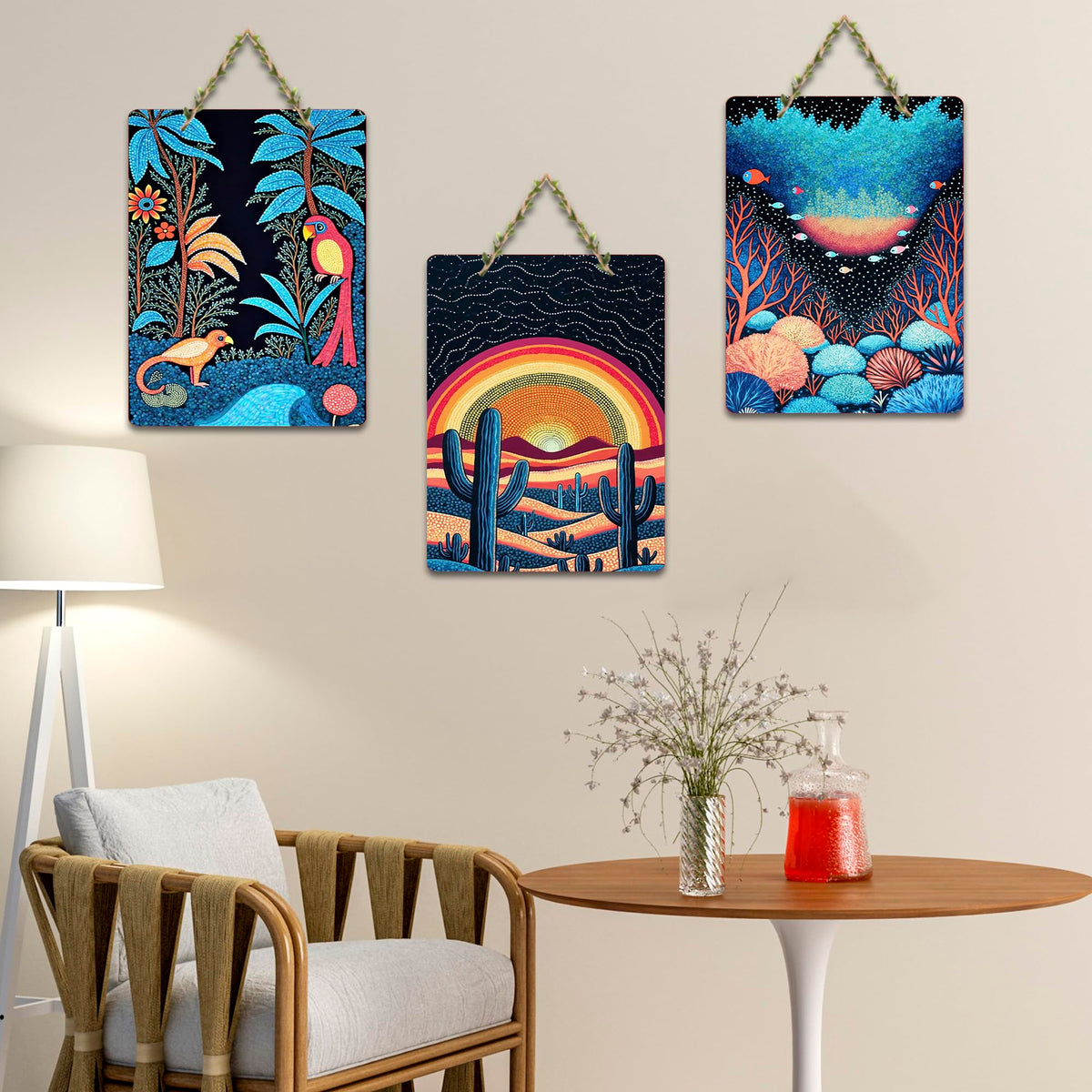 Artvibes Colorful Nature Decoration Decorative Wall Hanging Ornaments | Living Room | Office | Wall Art Painting For Hall | Graphic Artwork | Wall Art Print | Unique Gift Items (WH_9612N), Set of 3