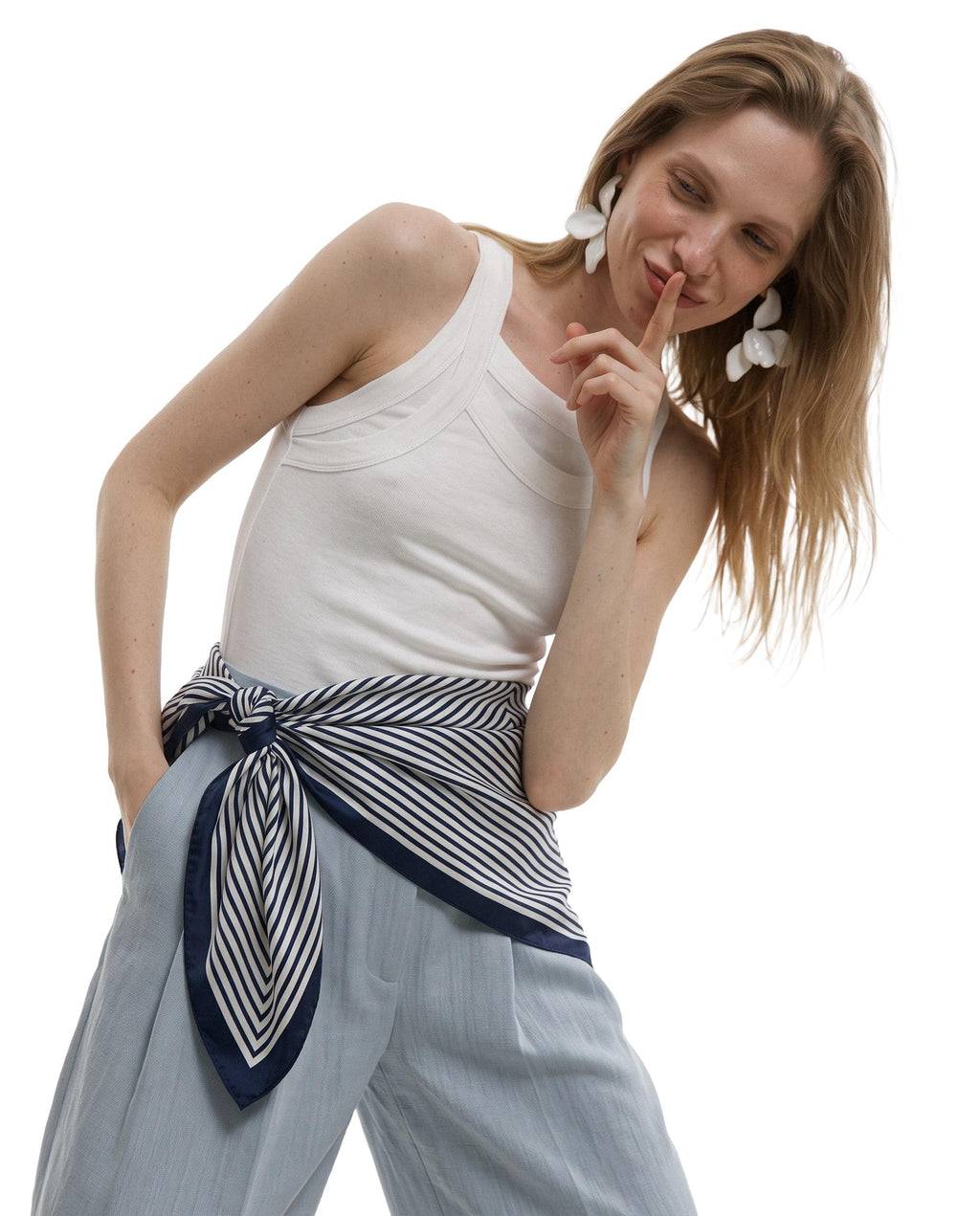 Grey Exim Women’s Polyester Crepe Scarf, Navy Blue & White Striped Print, Lightweight Fashion Scarf