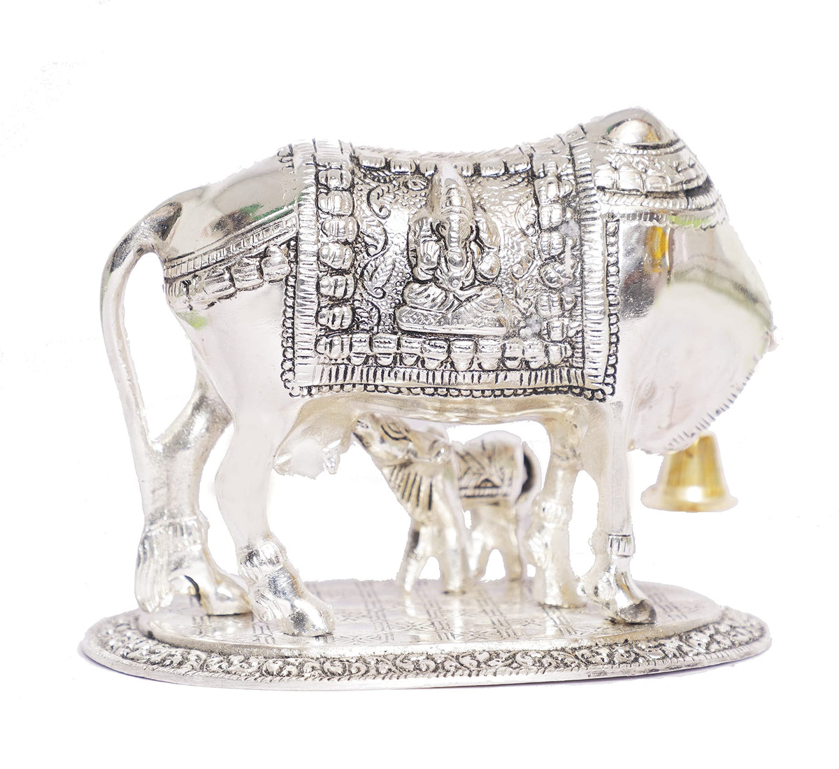 KridayKraft Kamdhenu Cow with Calf Metal Statue for Good Luck, Feng Shui As Table Top Figurine, Vastu, Religious Gau Mata Idol Home, Office and Table Decorative (Silver, Standard)