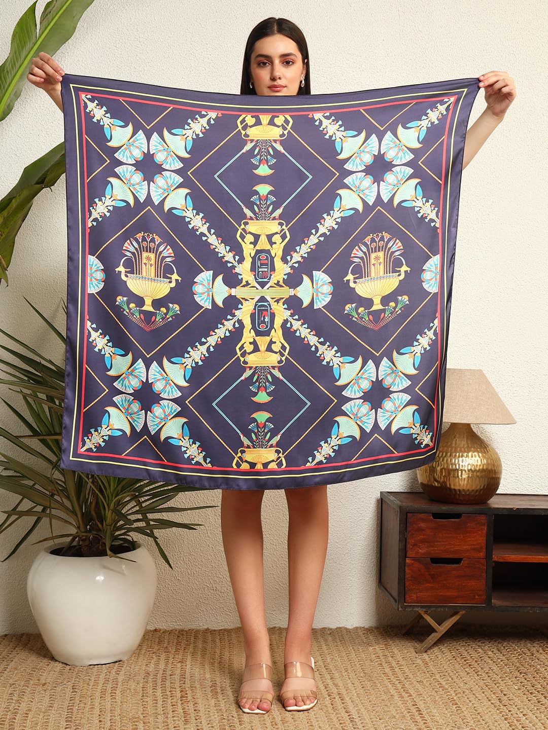Ravaiyaa - Attitude is everything Women's Crepe Silk Digital Print Large Square Scarf Breathable Lightweight Neckerchief Printed Headscarf 40 x 40 Inch (Blue Abstract)