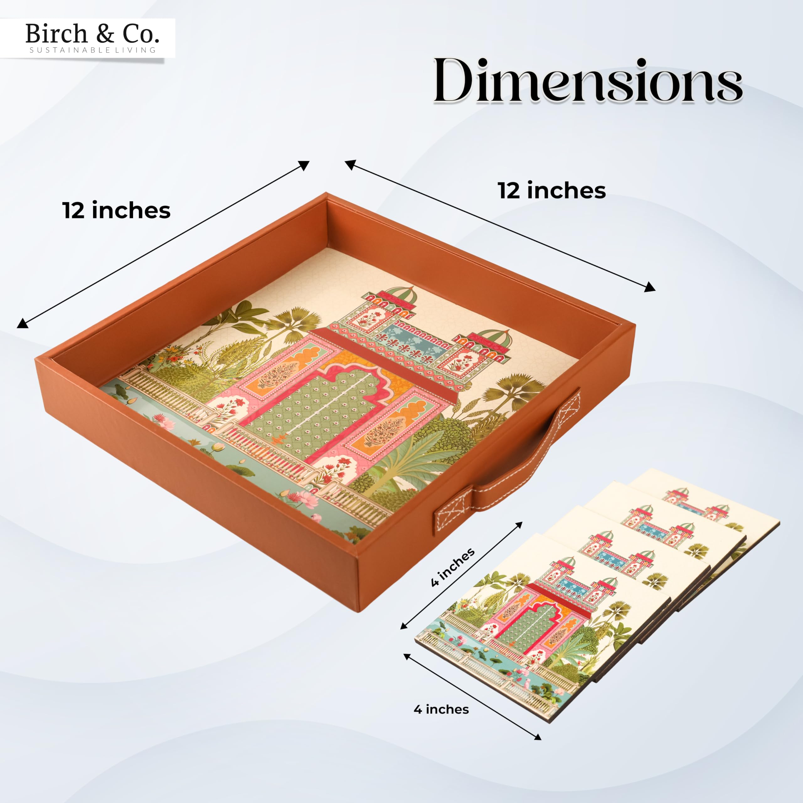 Birch & Co. Wooden Tray For Serving-Free 4 Coasters-12 In X 12 Inch-Serving Tray-Tray Set For Decoration-Round Shape Tea Trays-Big Coffee Tray-Premium Mdf Trey-Wooden Serving Trays-Resin Tray,Ancient