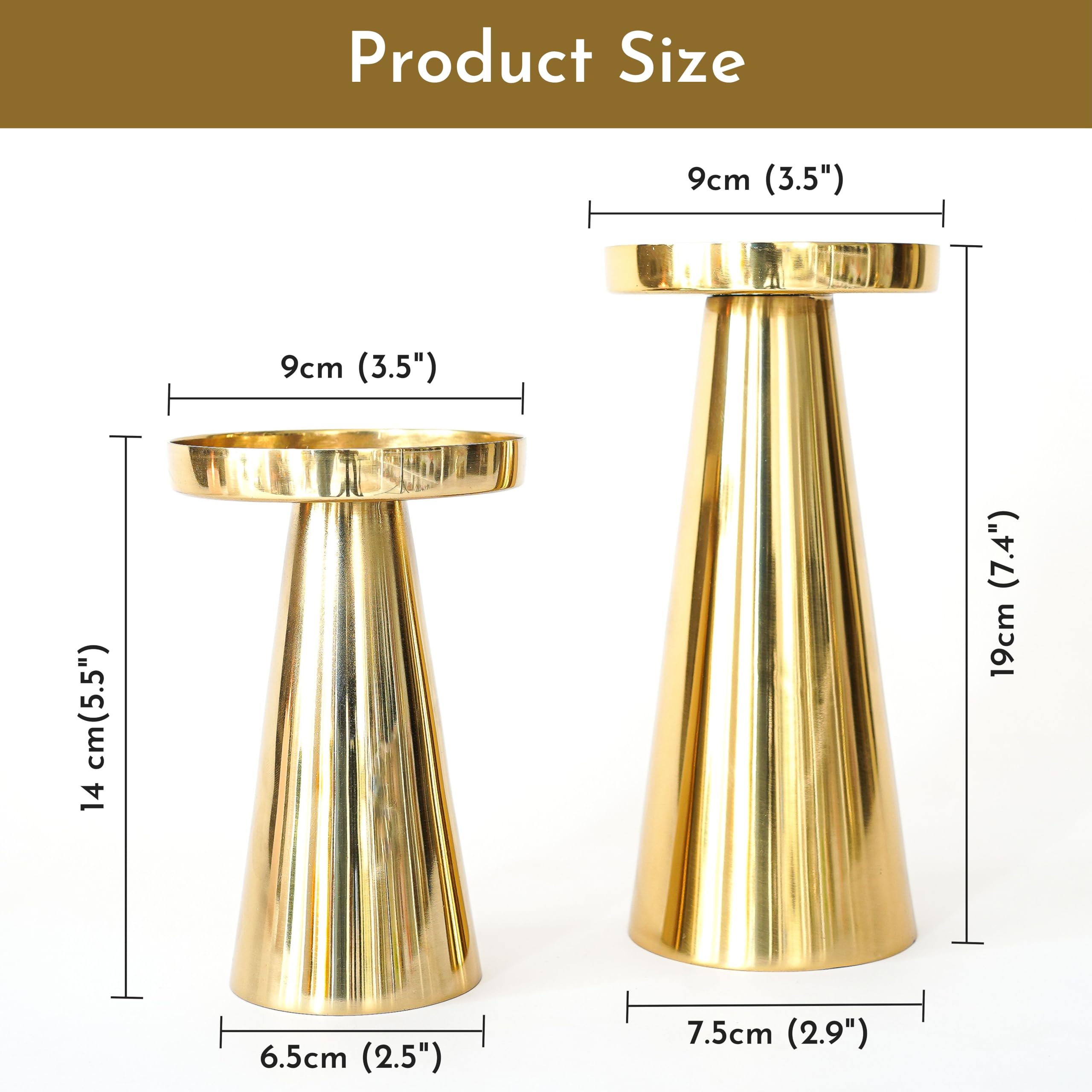 Behoma Solid Large Set of 2 Metal Pillar Candle Holders with Gift Box