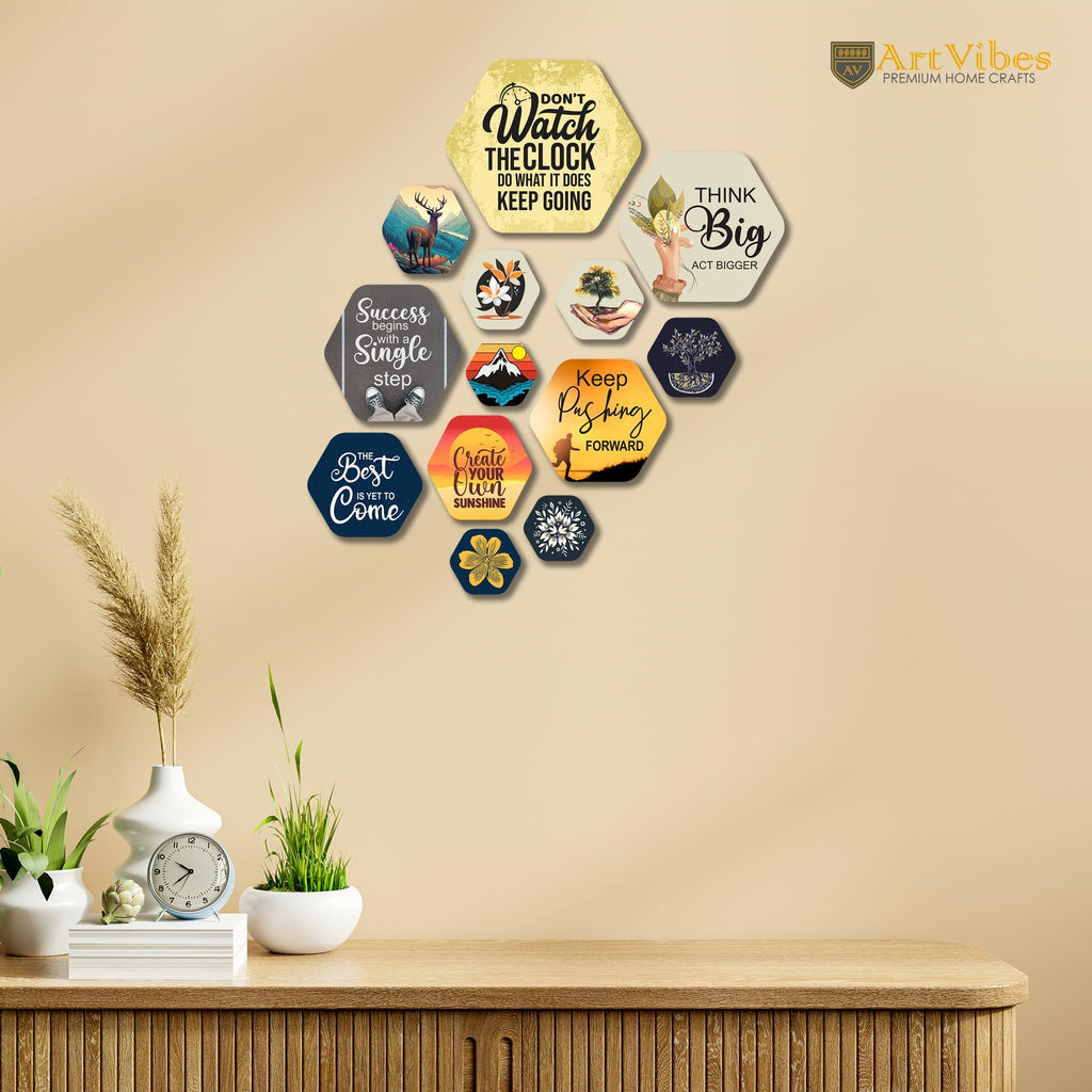 Artvibes Think Big Hexagon Shape MDF Wooden Wall Decor Items | Quotes Decor Item | Motivational Wall Decor | Wall Accent | Graphic Art | Gift Items | Office Wall Decoration Items (WPS_222N), Set of 13