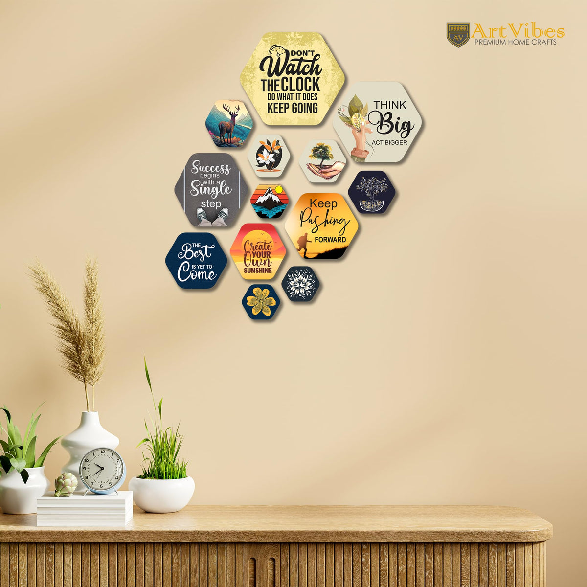 Artvibes Think Big Hexagon Shape MDF Wooden Wall Decor Items | Quotes Decor Item | Motivational Wall Decor | Wall Accent | Graphic Art | Gift Items | Office Wall Decoration Items (WPS_222N), Set of 13