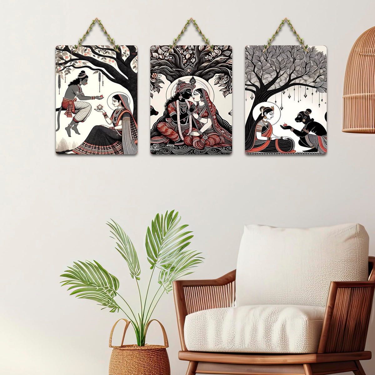 Artvibes Devotional Indian Spiritual Modern Art Wooden Art Decoration Item for Living Room | Art For Wall | Wall Sculpture | Signs & Plaques | Wall Art Print | Unique Gift Items (WH_9624N), Set of 3