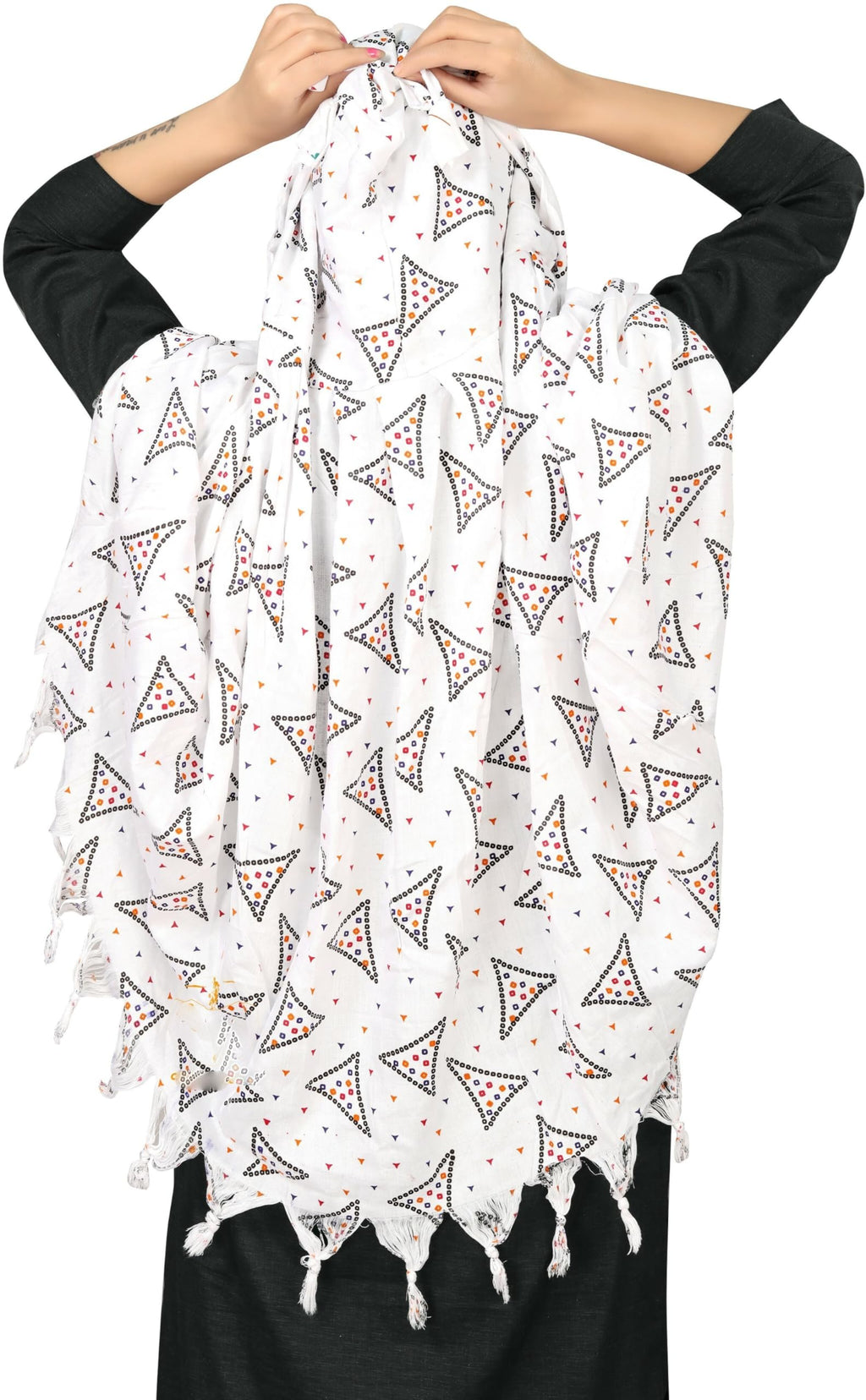 Sclout Soft Cotton Breathable Sun Protection Scarf Dupatta Usable for vehicle Driver | White Printed Design Stoles | Universal Size | For Girl & Women | Light Weight (Scarf - Samosa)
