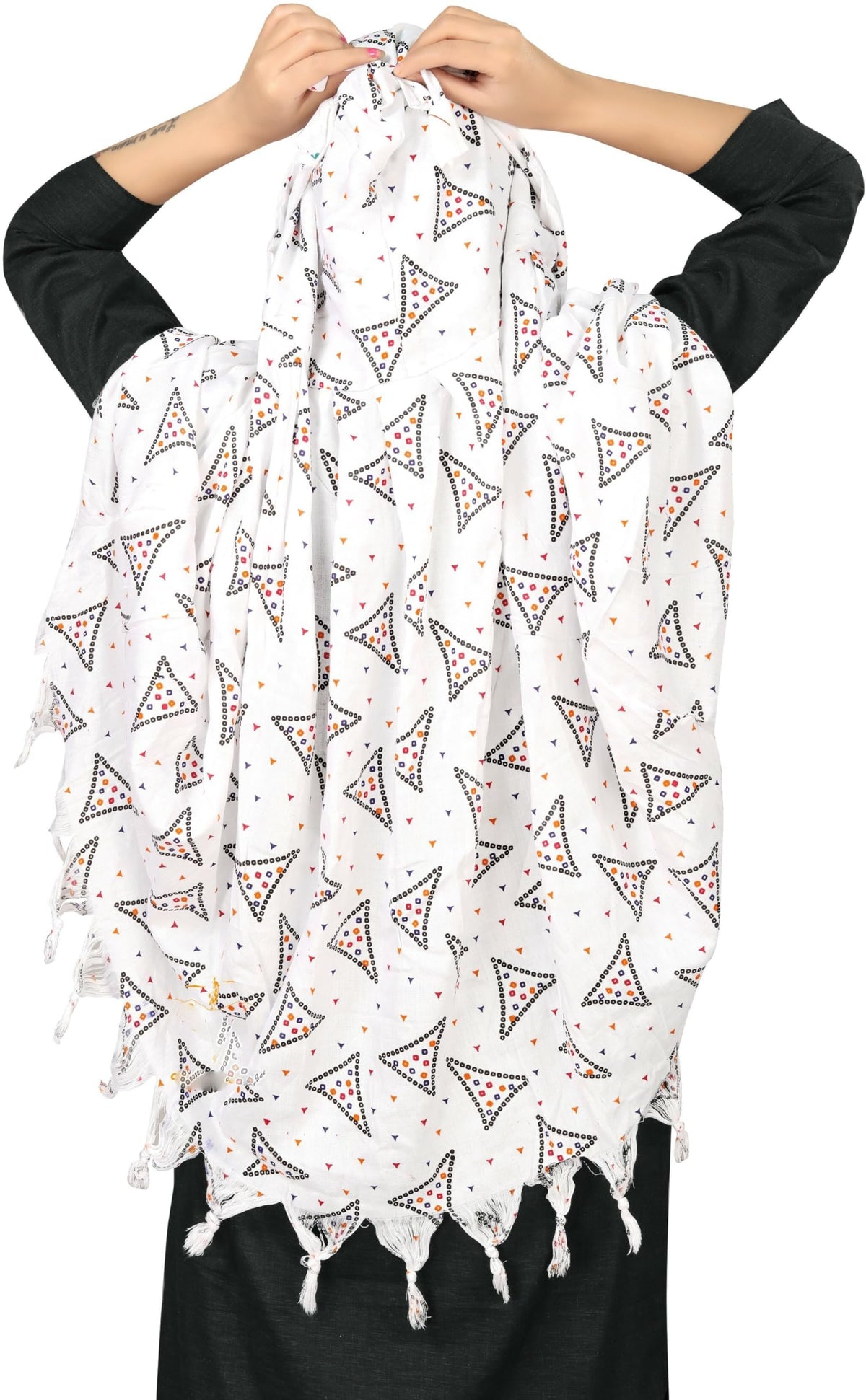 Sclout Soft Cotton Breathable Sun Protection Scarf Dupatta Usable for vehicle Driver | White Printed Design Stoles | Universal Size | For Girl & Women | Light Weight (Scarf - Samosa)