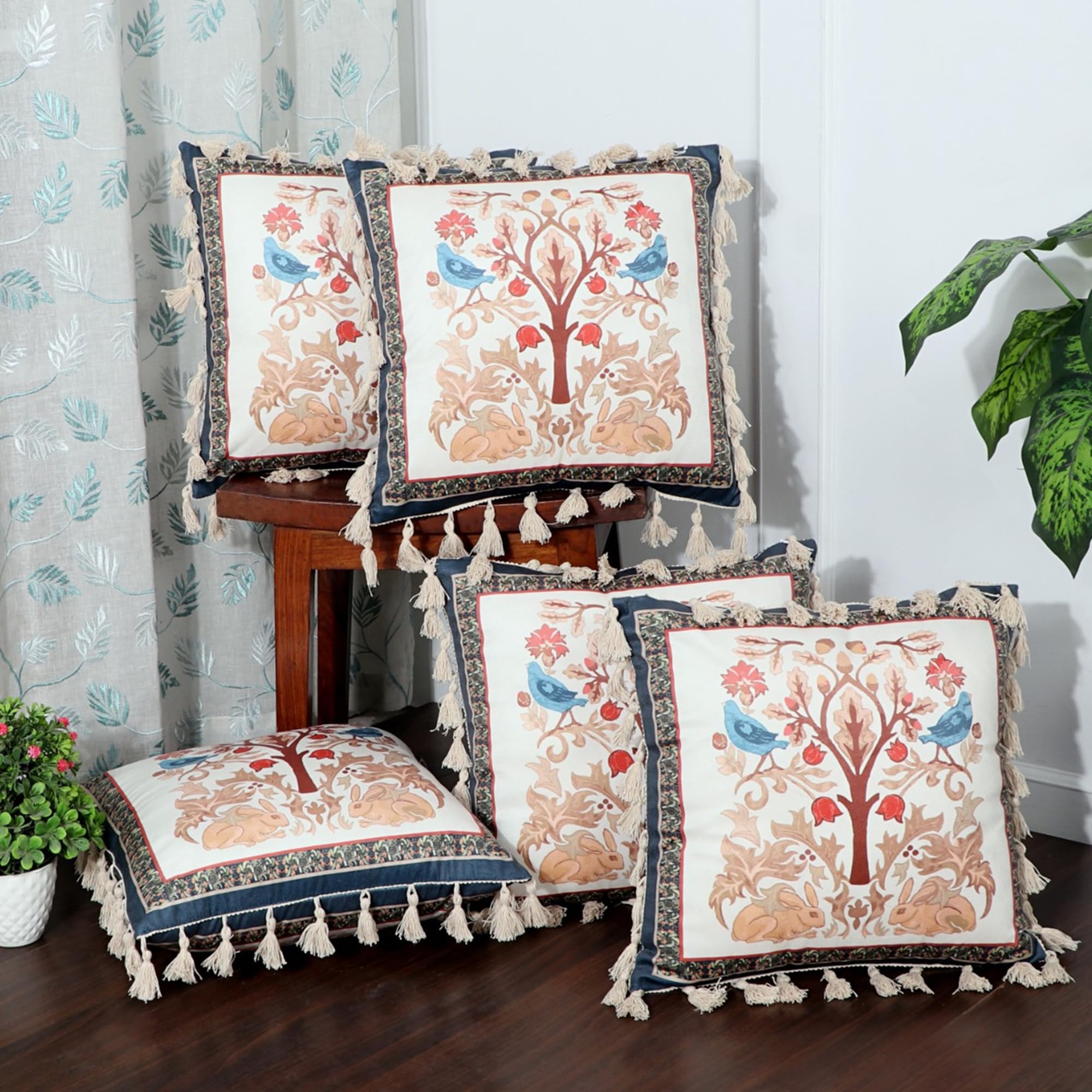 ishro home Premium Cushion Cover 16 inch x 16 inch | Set of 5 – Soft European Standard Fabric, Frill Design, Machine Washable | (5, Tree of Life, 16x16 Inch)
