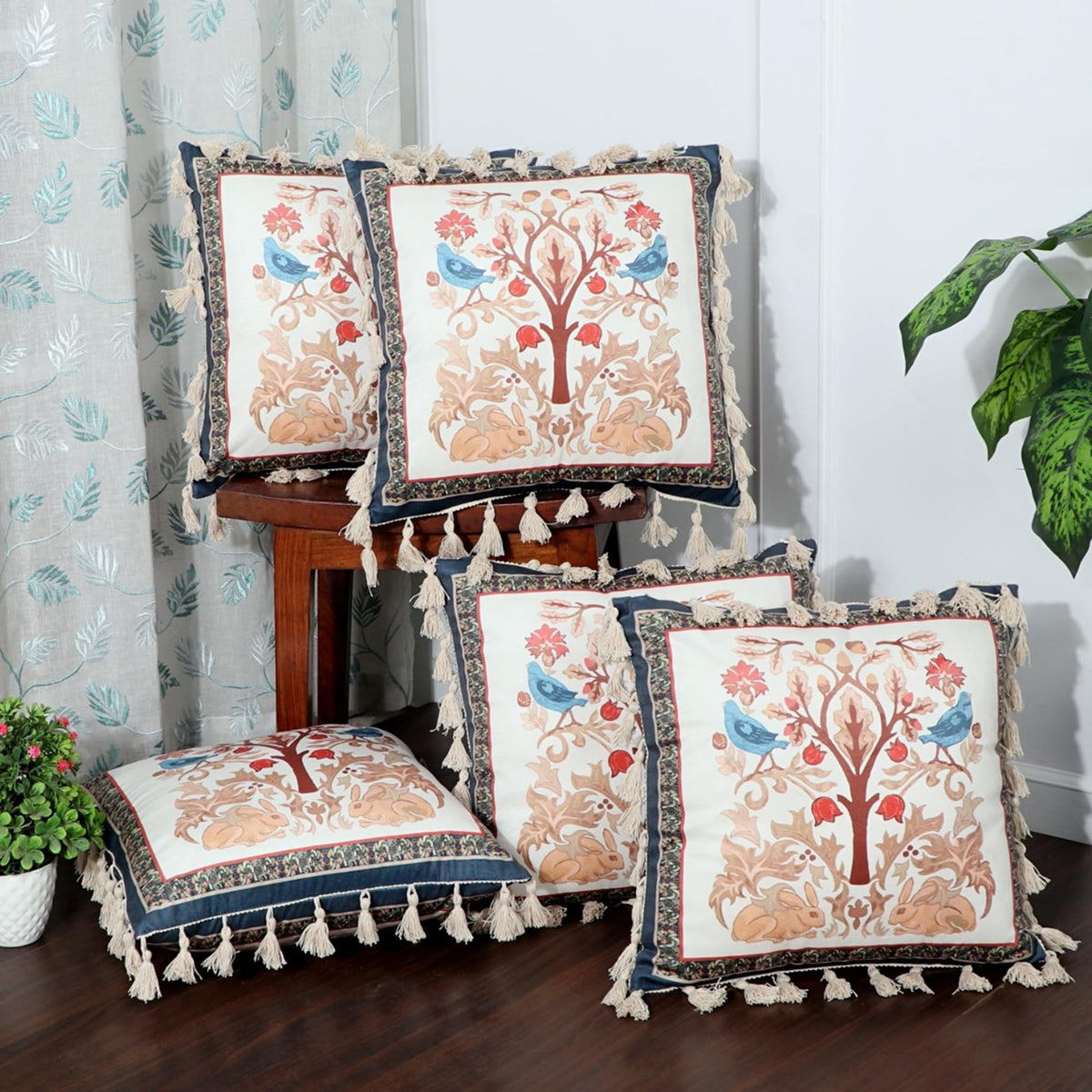 ishro home Premium Cushion Cover 18 inch x 18 inch | Set of 5 – Soft European Standard Fabric, Frill Design, Machine Washable | (5, Tree of Life, 18x18 Inch)