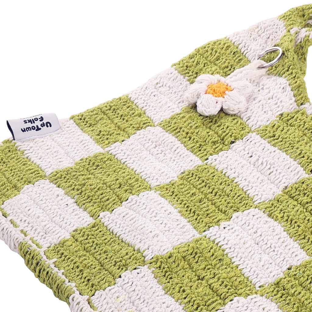 UpTown Folks Handmade Crochet Handbag for Girls & Women – White & Green Checkered Design, Lightweight & Spacious for Beach, Picnic & Everyday Use.