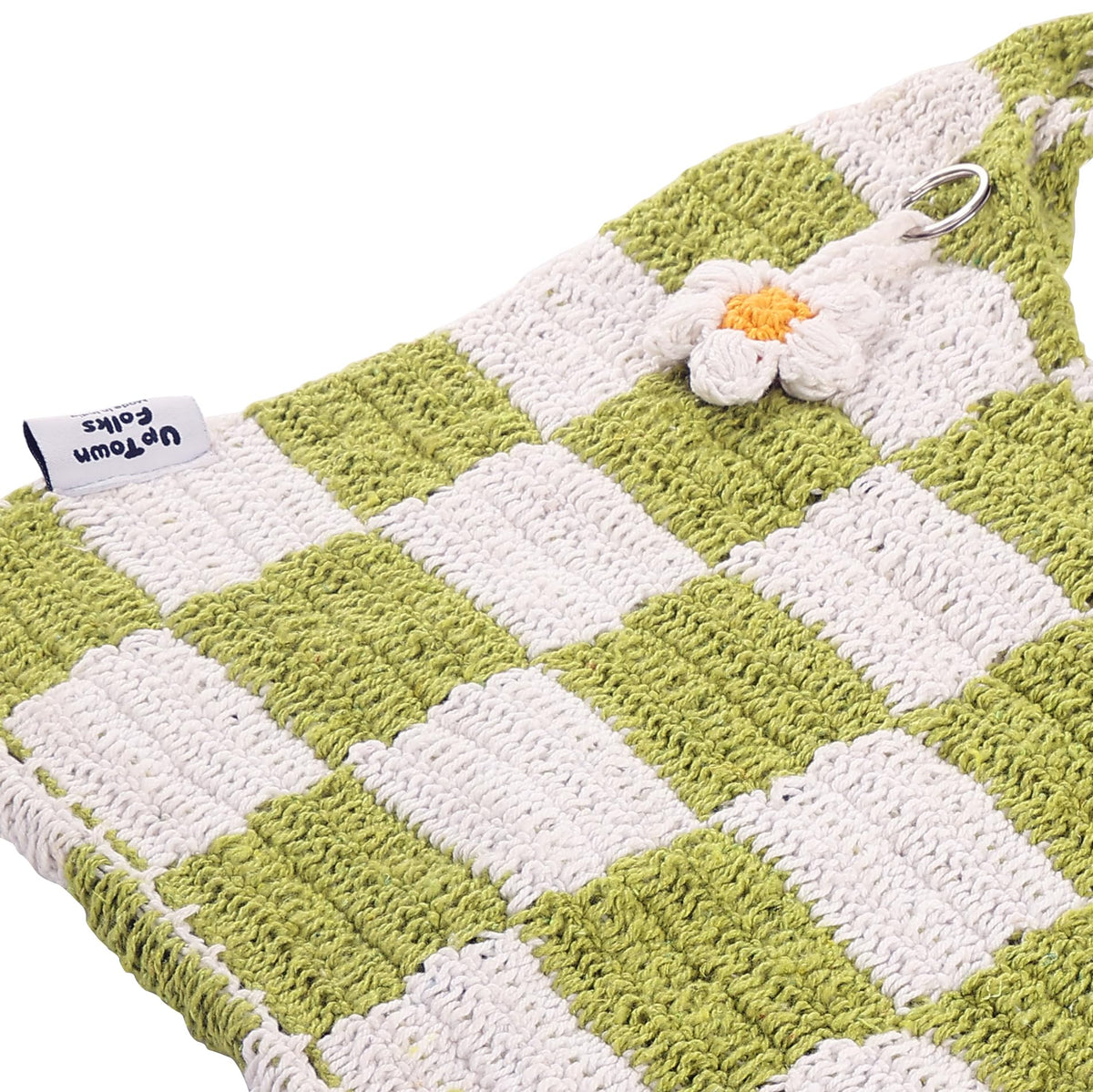 UpTown Folks Handmade Crochet Handbag for Girls & Women – White & Green Checkered Design, Lightweight & Spacious for Beach, Picnic & Everyday Use.