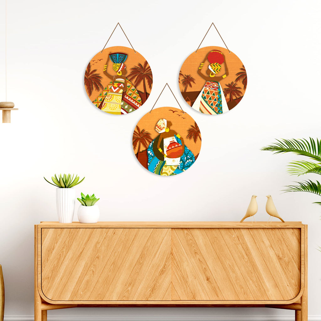 Artvibes African Village Themed Warli Art Round Wooden Wall Hanger for Home Decor | Living Room | Handcrafted Art | Wall Illustrations | Art Prints | Aesthetic Wall Art | Gifts (WH_4201N), Set of 3