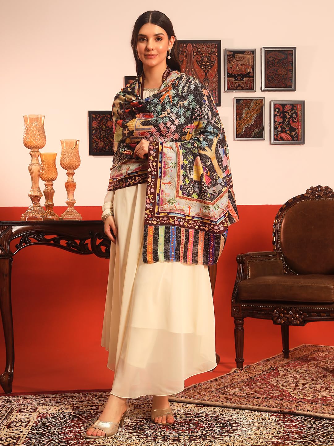 Pashmoda Women Naqshkaar Fine Wool Fabric Pashmina Kalamkari Embroidered Shawl (Size: 40x80in, 101x203cm) KAS12