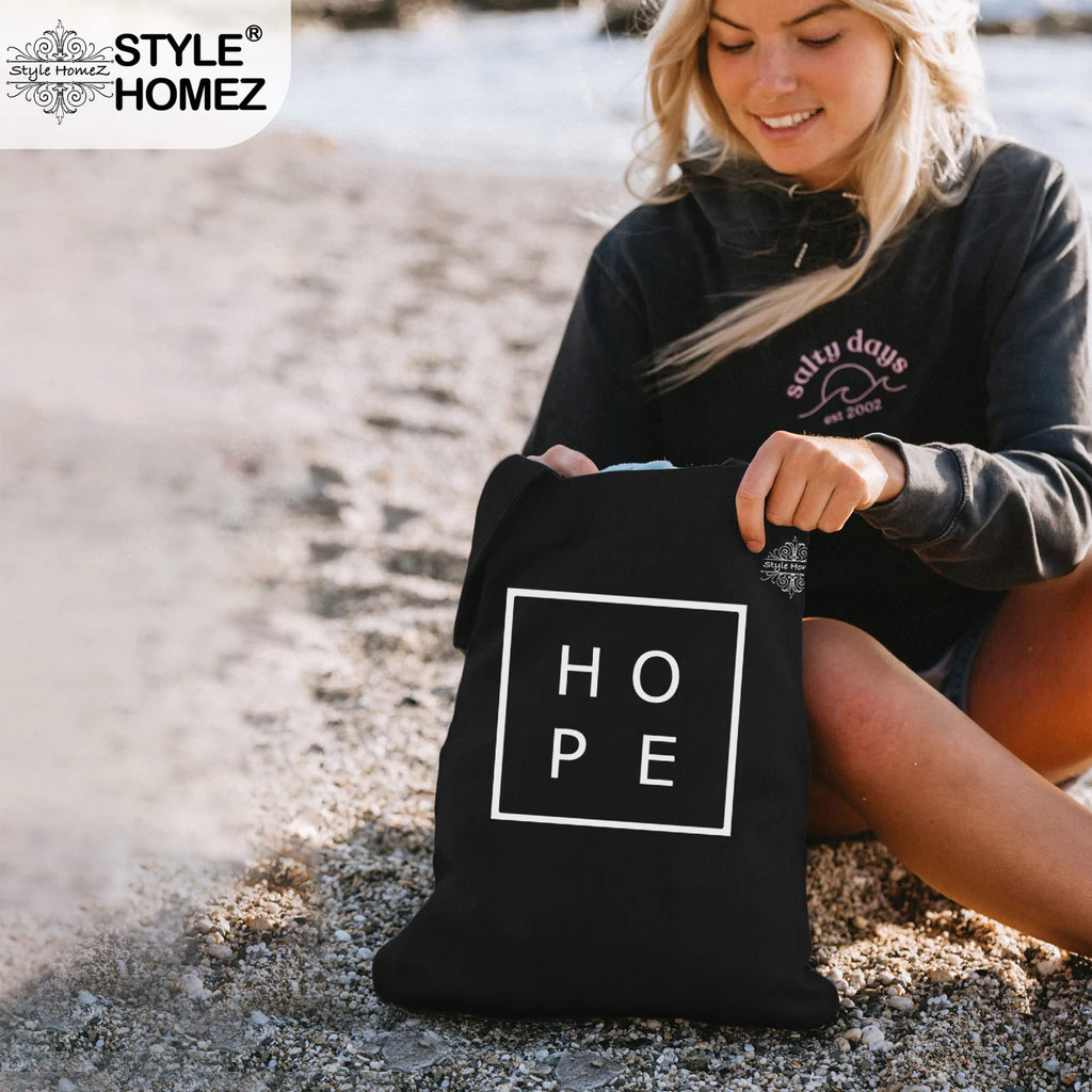 Style Homez Classic Eco-Friendly & Reusable Cotton Canvas Grocery Tote Bag, Medium Size 16 x 14 Inch Black Color (HOPE)