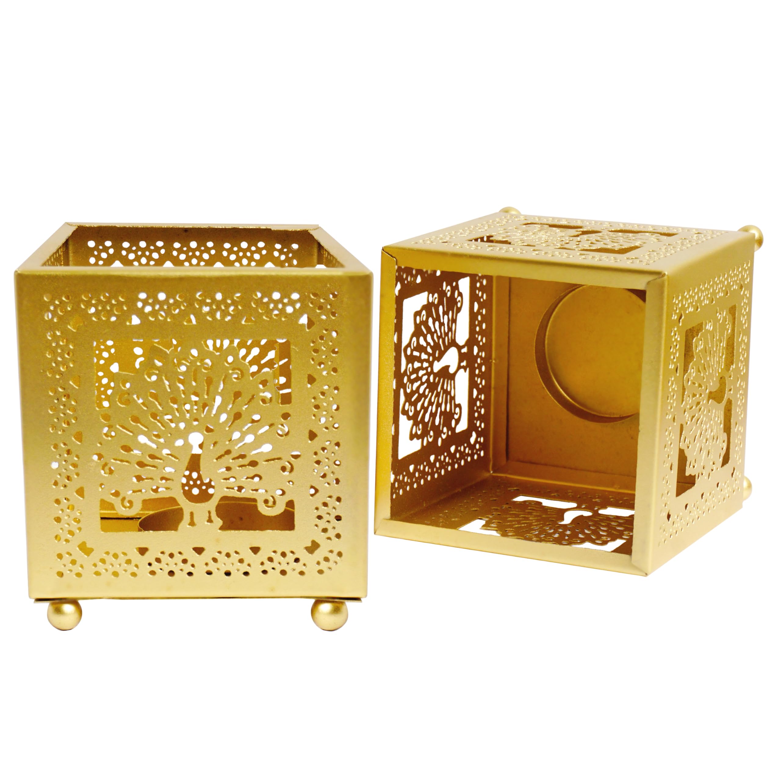 Purestory Peacock Set of 2 Iron Lantern and Candle Tealight Holder for Home Decor Items | Candles for Home Decoration | Candle Holders for Home Decor | (Pack of 2) (Gold)
