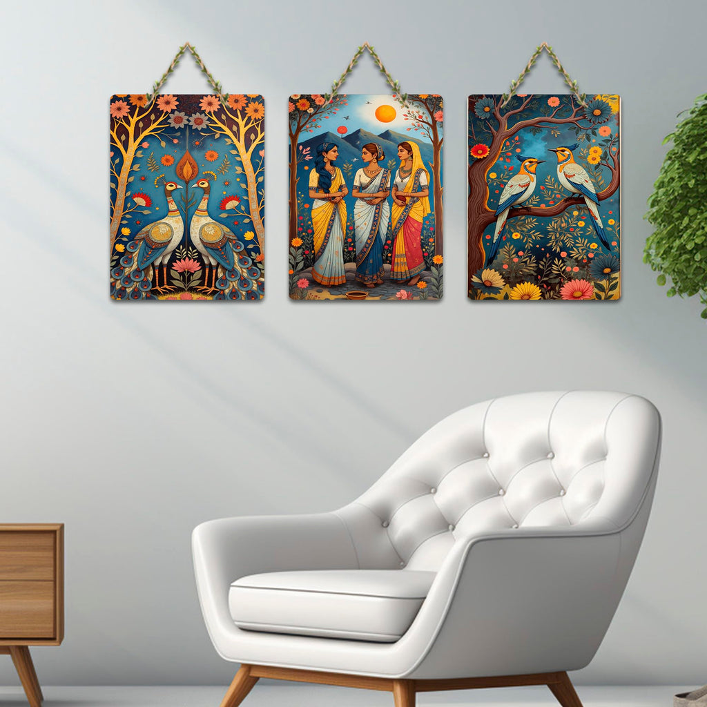 Artvibes Traditional Indian Artwork Decorative Wall Art MDF Wooden Wall Hanger for Home | Handcrafted Art | Festive Decor | Wall Poster | Paintings For Wall | Unique Gift (WH_96112N), Set of 3