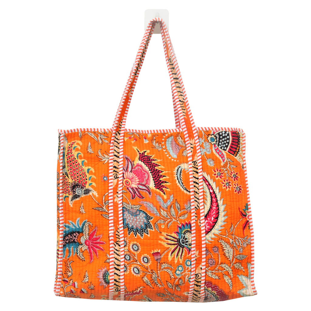 MITTICO Quilted Cotton Tote Bag for Women – Large Shoulder Handbag with Zipper & Multiple Pockets | Lightweight Travel Tote for Office, Shopping & Daily Use | Orange Floral Print