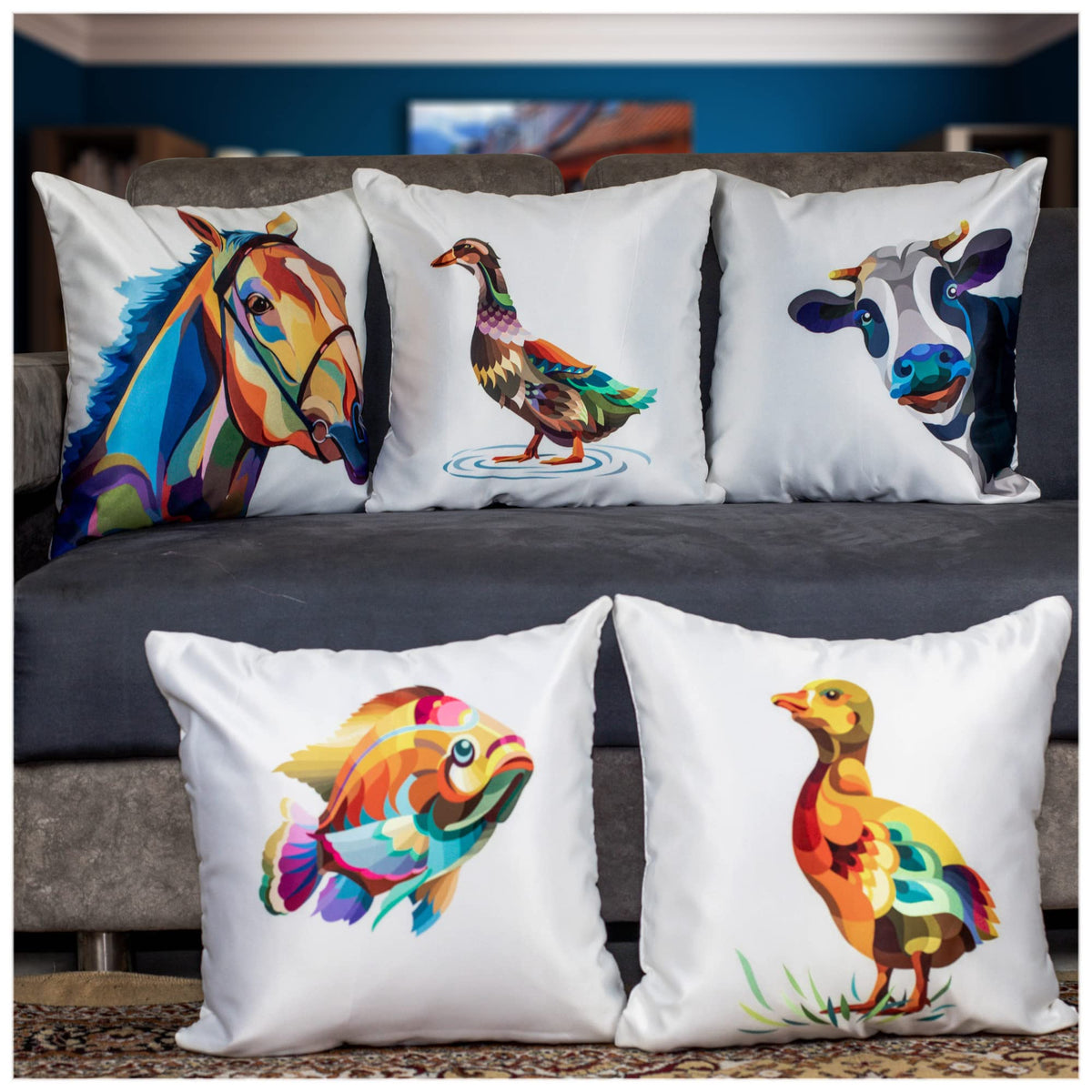 Vendola Decorative Satin Sofa Cushion Covers Set of 5, 12 inch x 12 inch, Sofa Pillow Cover, Ethnic Festive, Multicolor, Animal Design, Zipper Closure (Herds, 12X12 Inches)