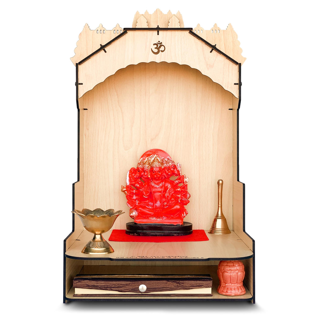 Townside® Moksha Temple Wooden Pooja Mandir for Home & Office, Puja Stand for Floor & Wall with LED Light (H: 20, L: 12, W: 12 inches) Traditional Beige