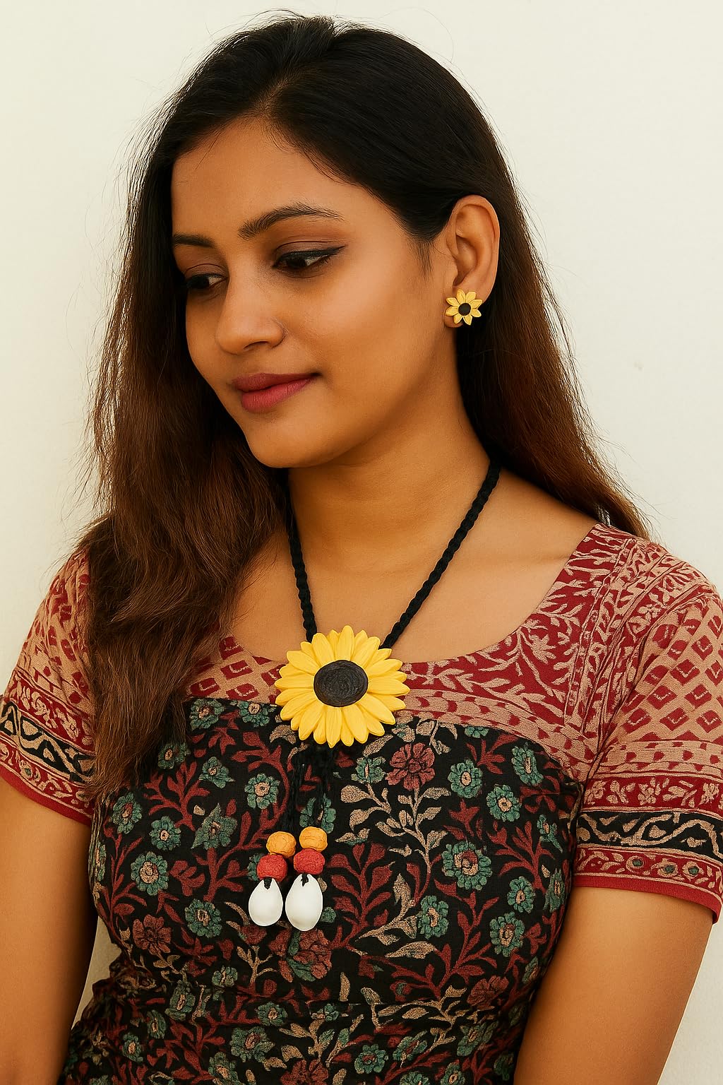 Handmade Sunflower Clay Jewellery Necklace with Earrings for Women and Girls